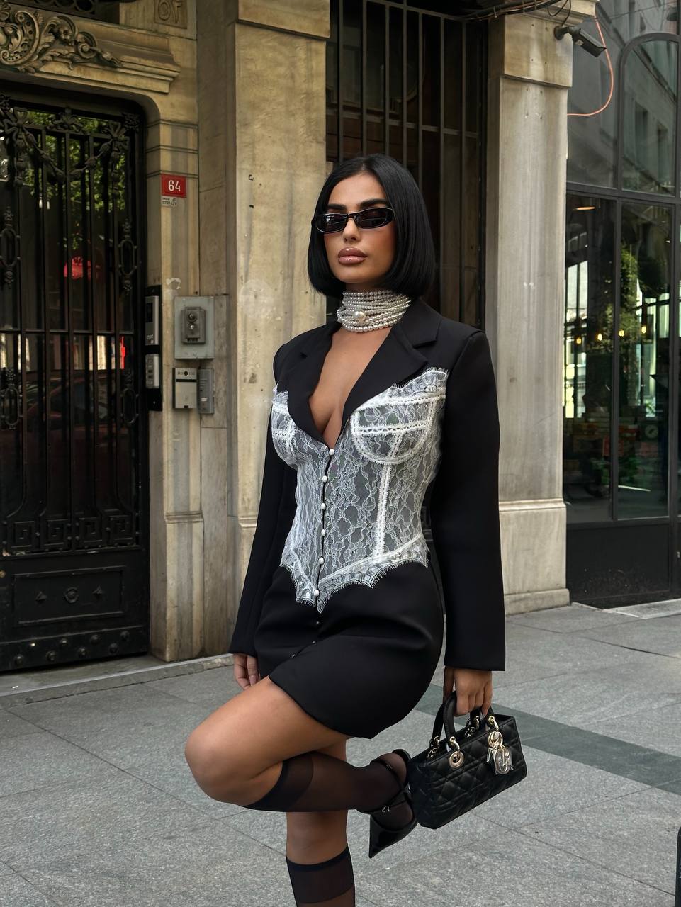 Dantel Detay Dabıl Kumaş Ceket Elbise