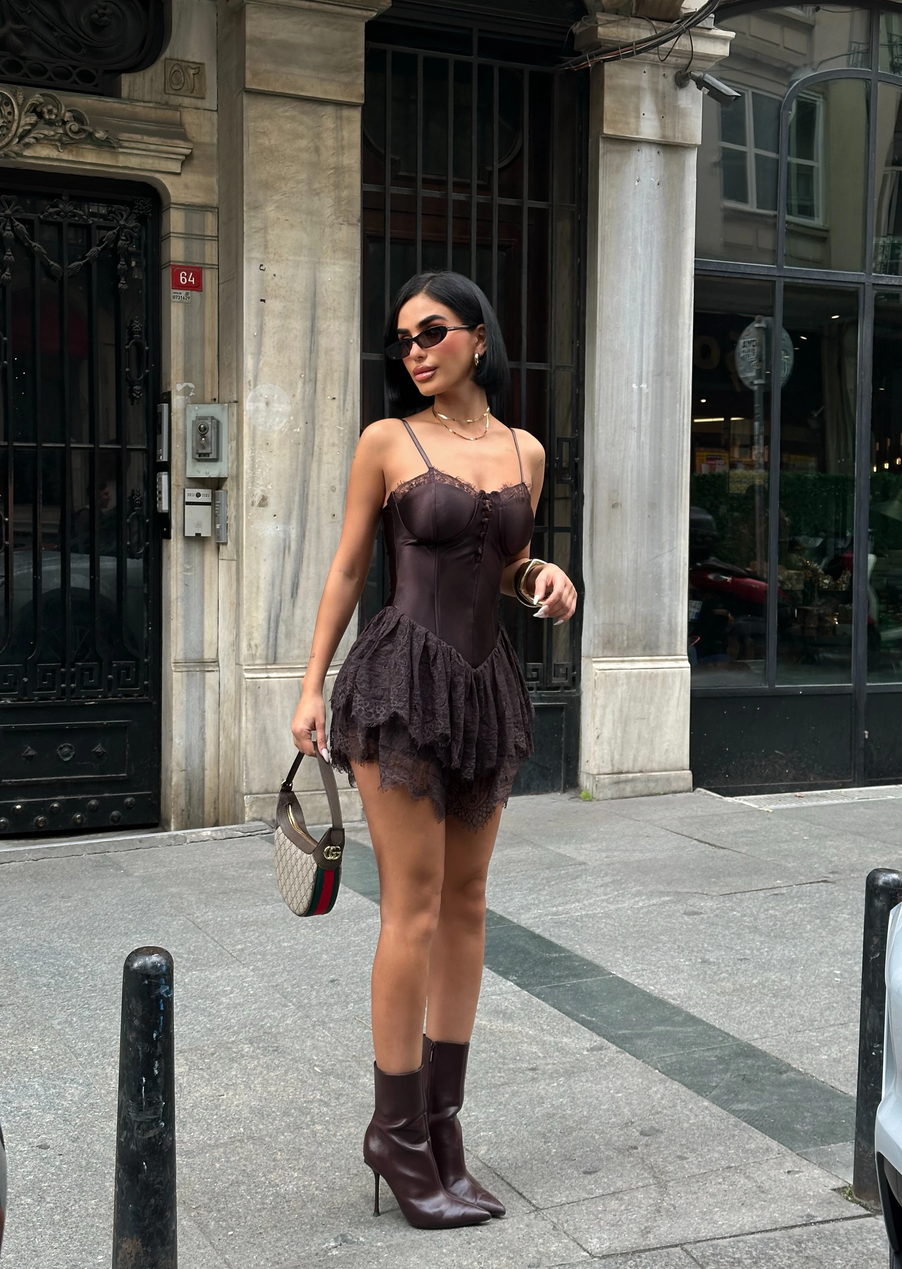 Dantel Detaylı Acı Kahve Mini Elbise GLM-620