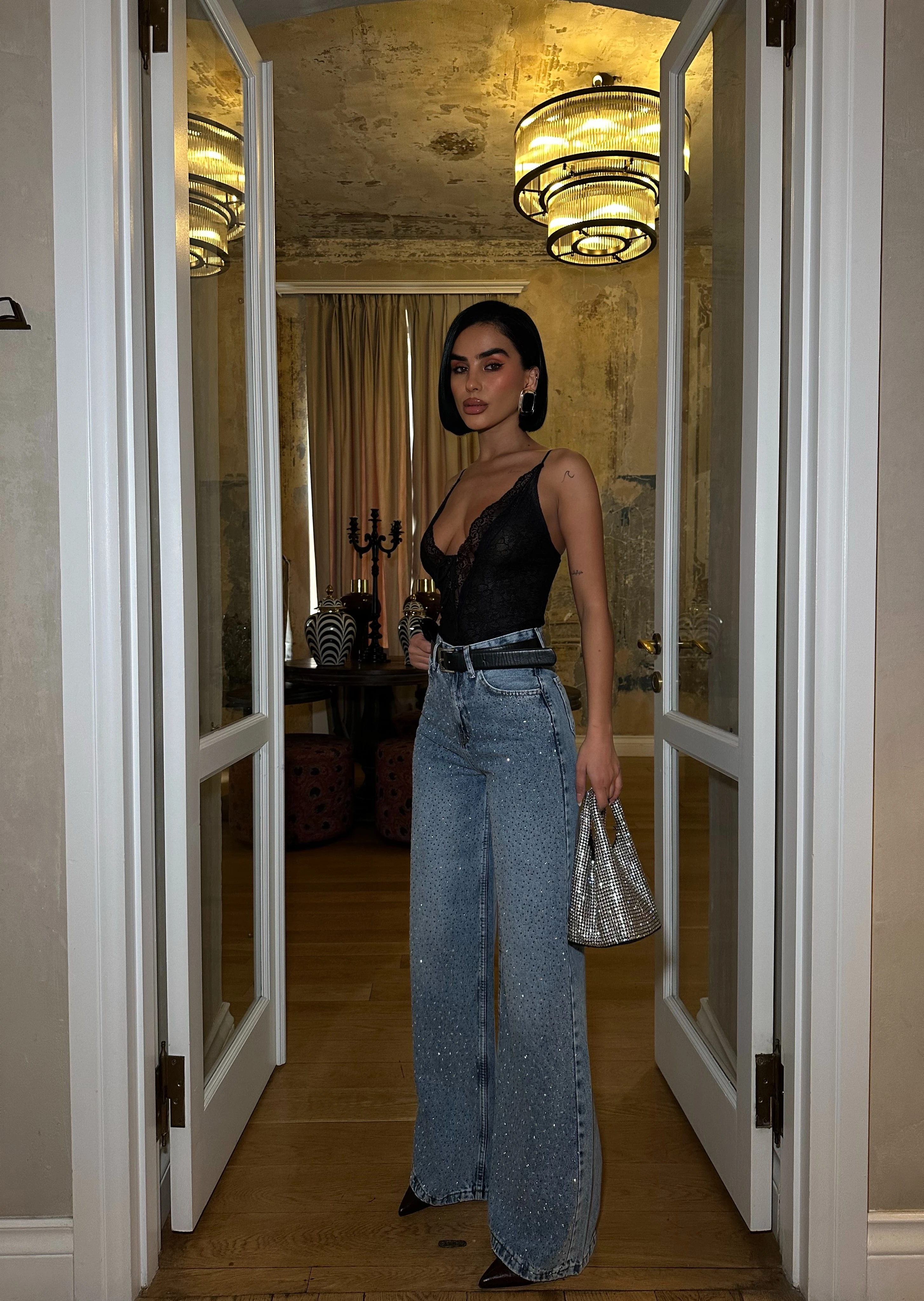 Yüksek Bel Taşlı Wide Leg Baggy Jean