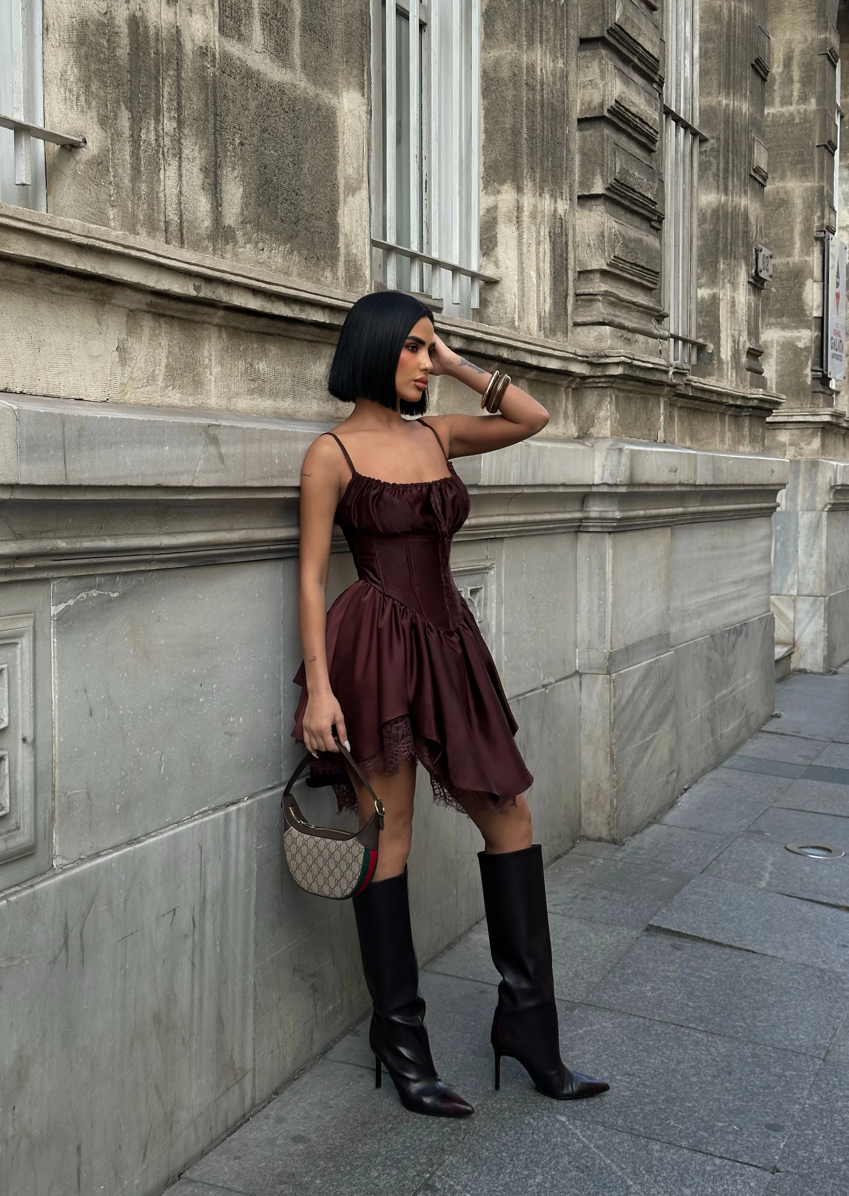 Dantel Detaylı Korseli Acı Kahve Elbise GLM-625