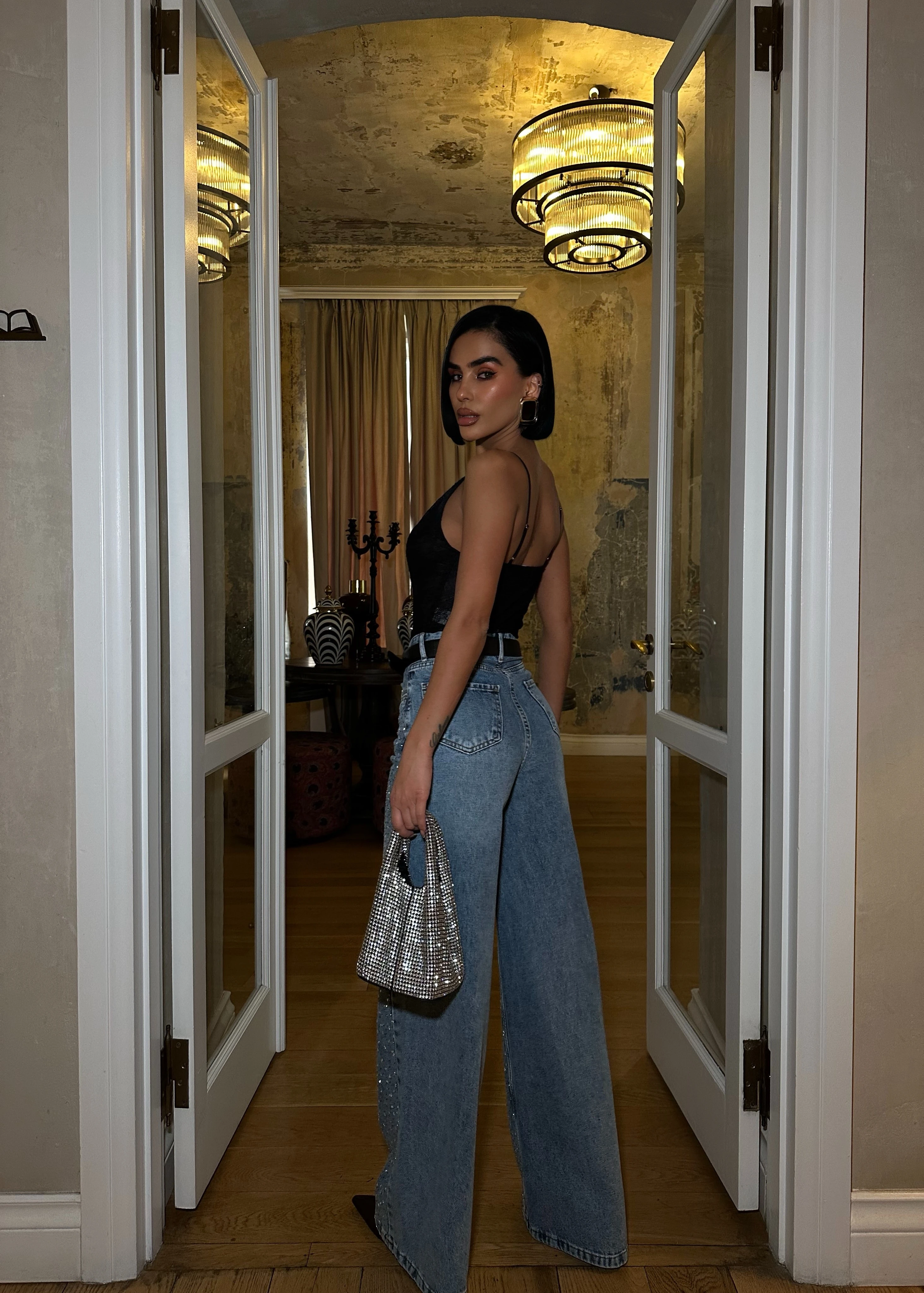 Yüksek Bel Taşlı Wide Leg Baggy Jean