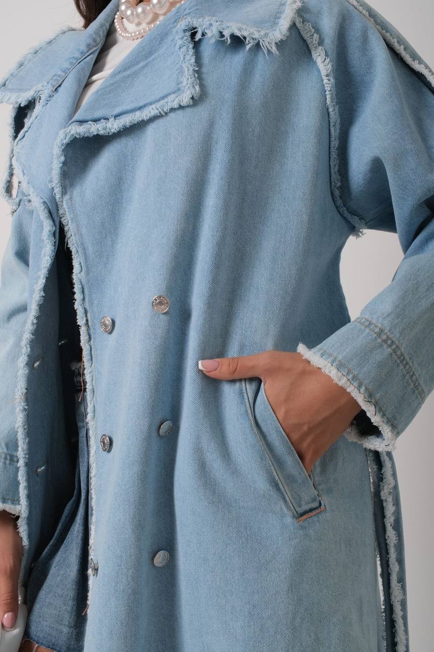 Püskül Detaylı Denim Trençkot