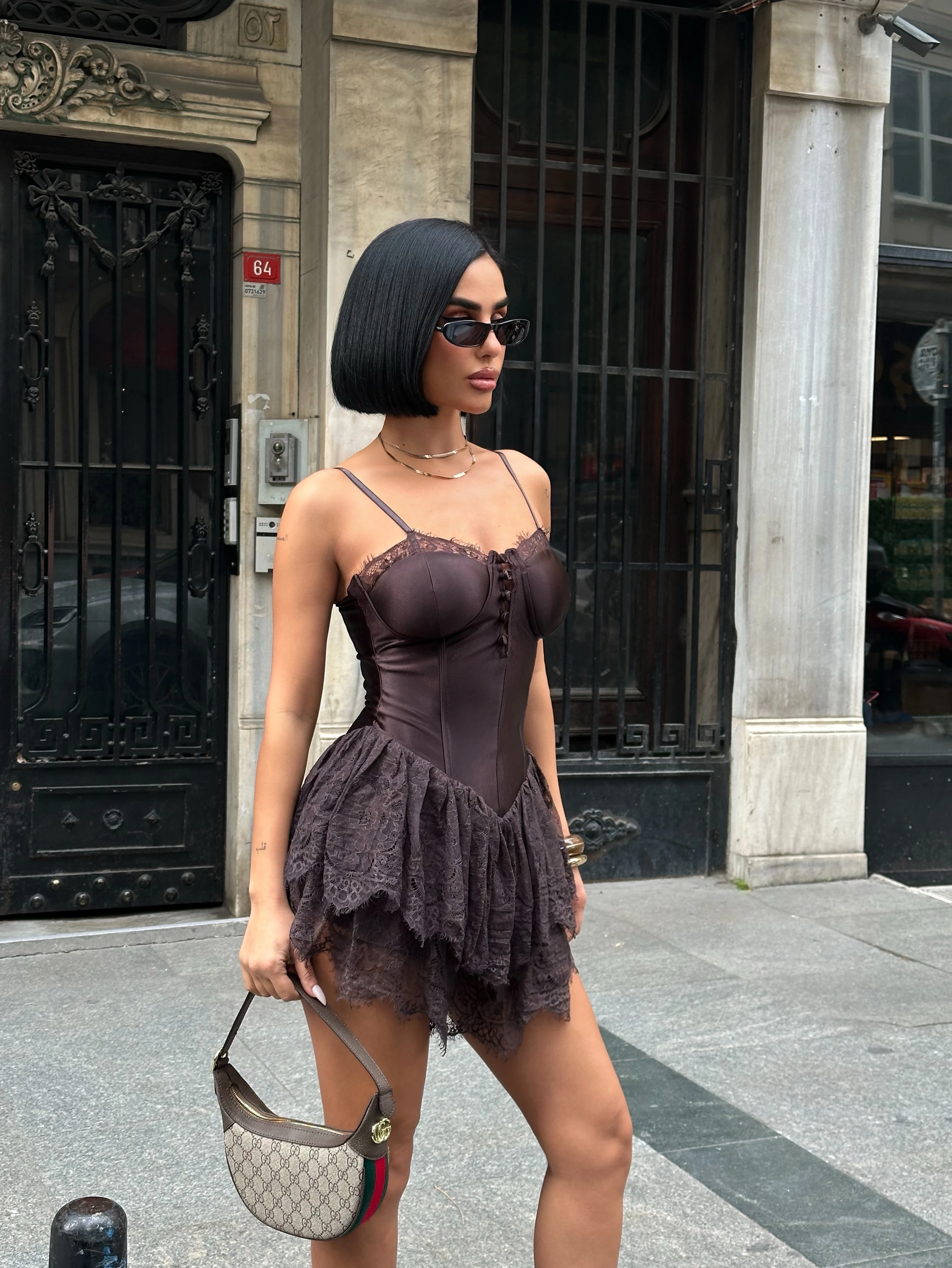 Dantel Detaylı Acı Kahve Mini Elbise GLM-620