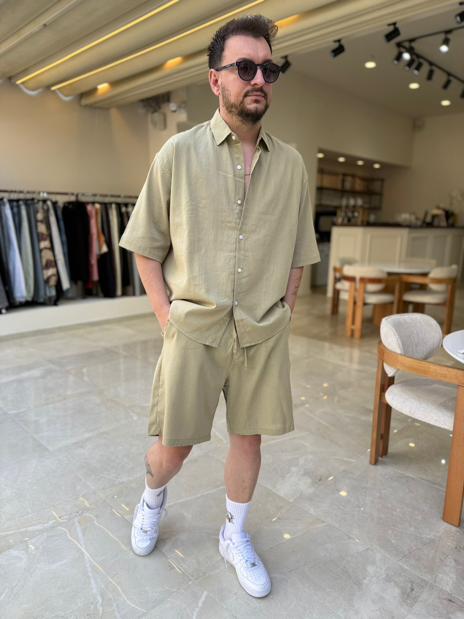 Oversize Keten Şortlu Takım