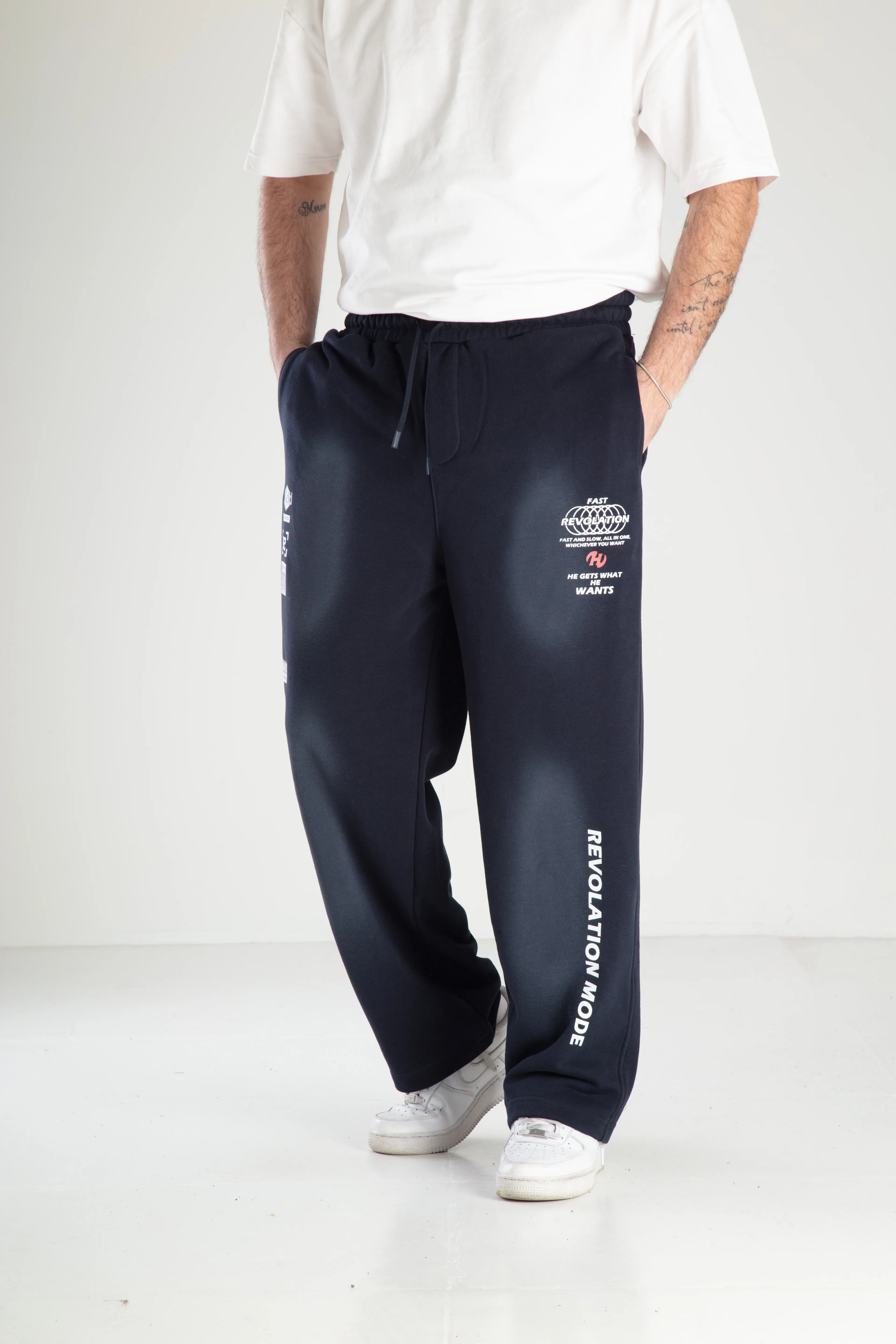 Erkek Eskitme Desenli Baskılı Baggy Eşofman - laci̇vert