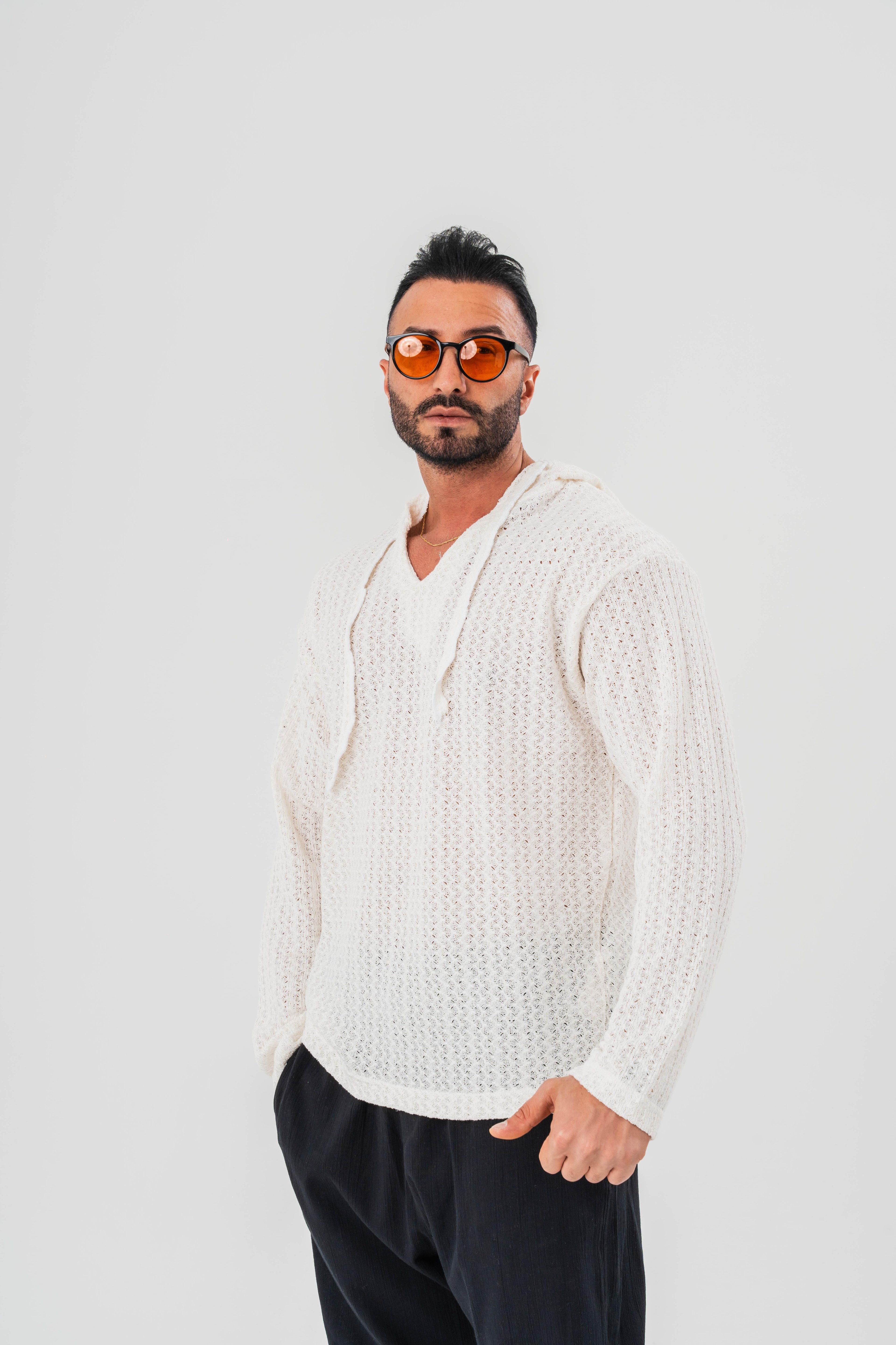 Kapşunlu Armut Yaka Uzun Kol Örümcek Desen Örme Sweat