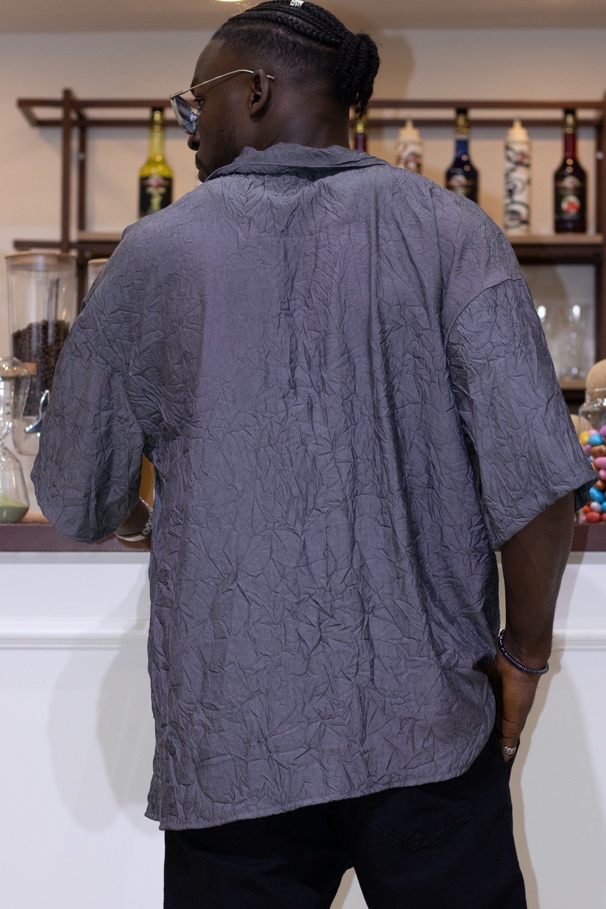 Oversize Kırış Desen Kısa Kollu Gömlek