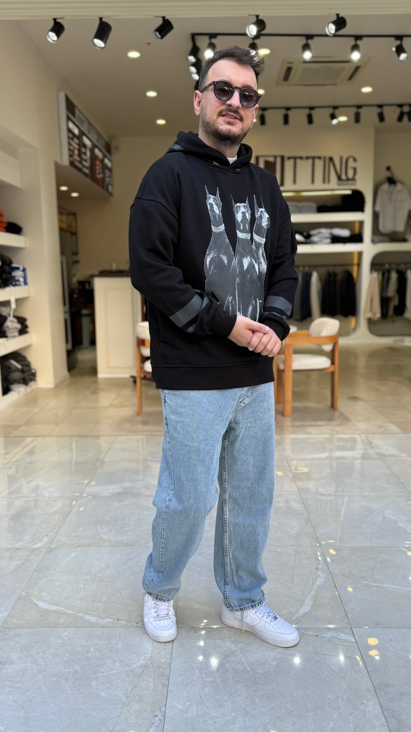 Doberman Baskılı Long Kalıp Hoodie