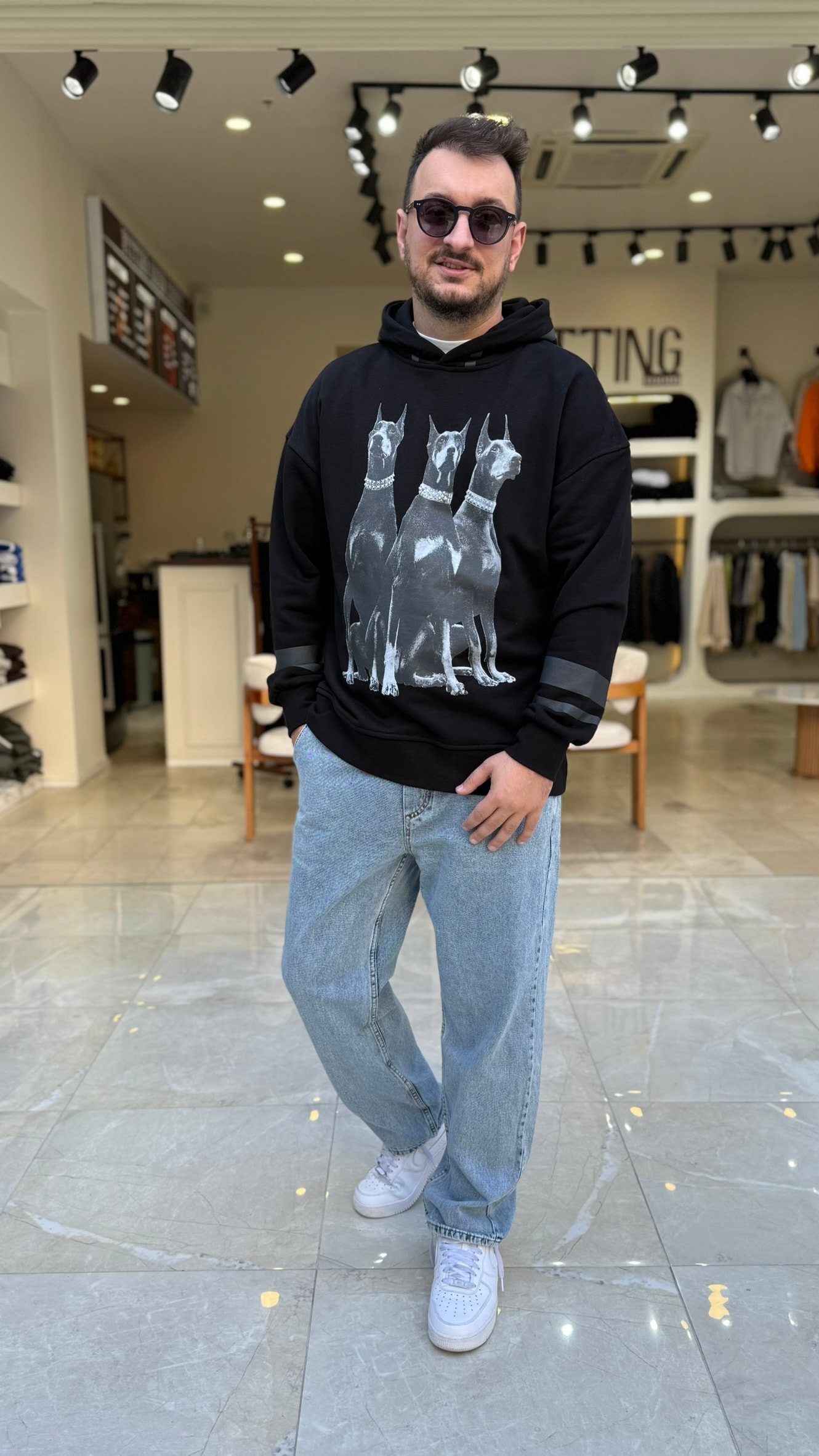 Doberman Baskılı Long Kalıp Hoodie