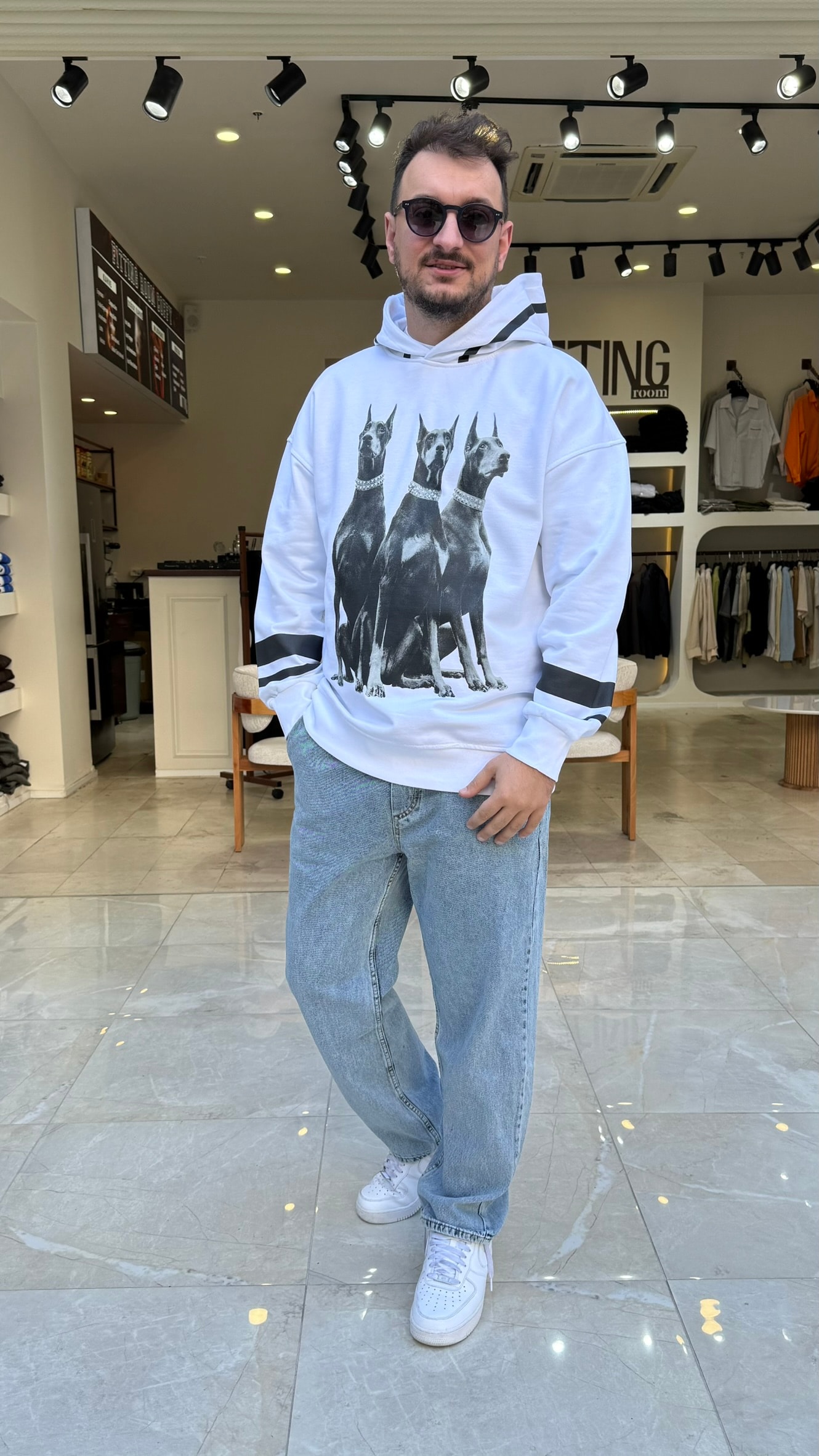 Doberman Baskılı Long Kalıp Hoodie