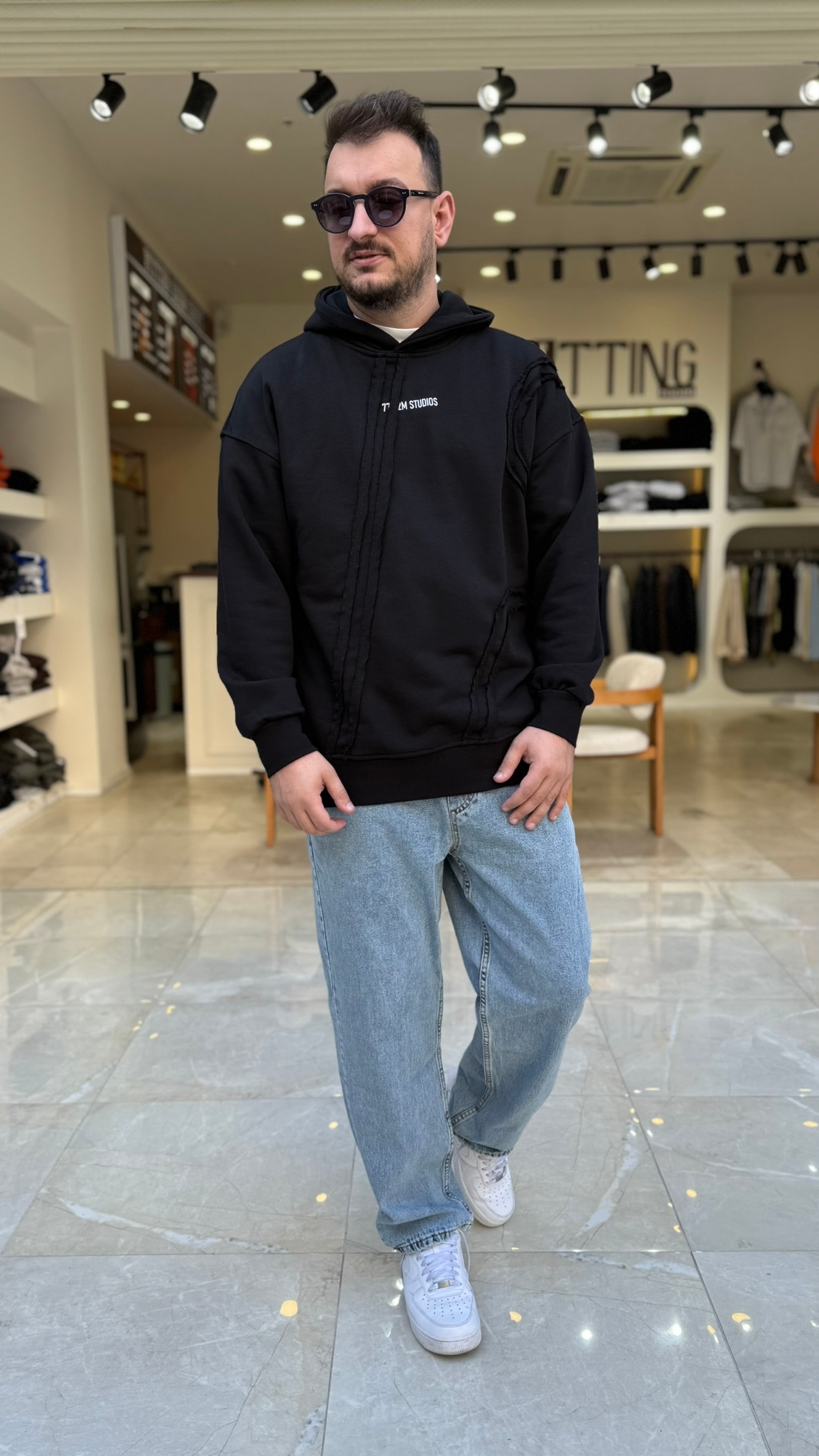 Asimetrik Detaylı Baskılı Long Kalıp Hoodie