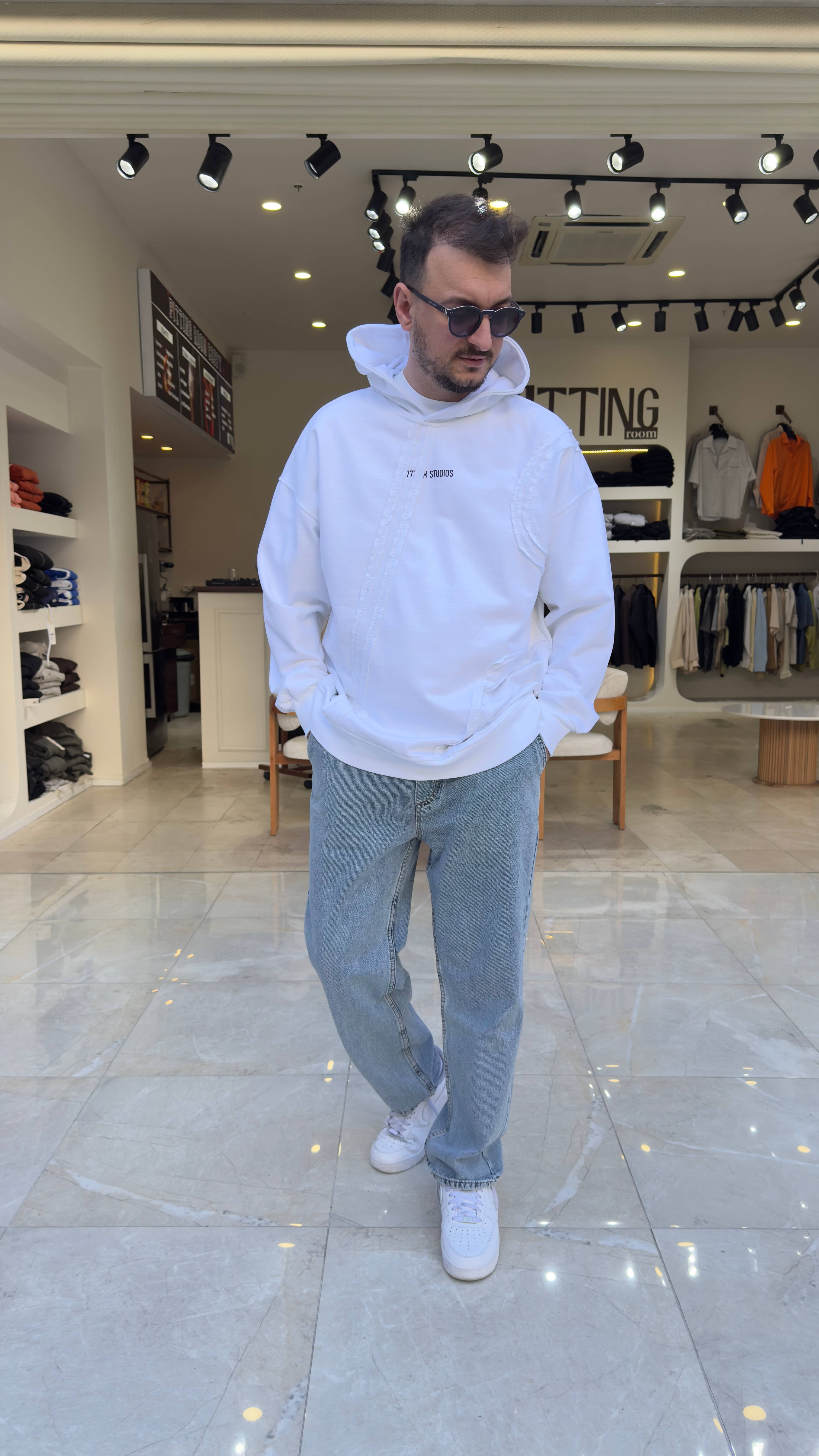 Asimetrik Detaylı Baskılı Long Kalıp Hoodie
