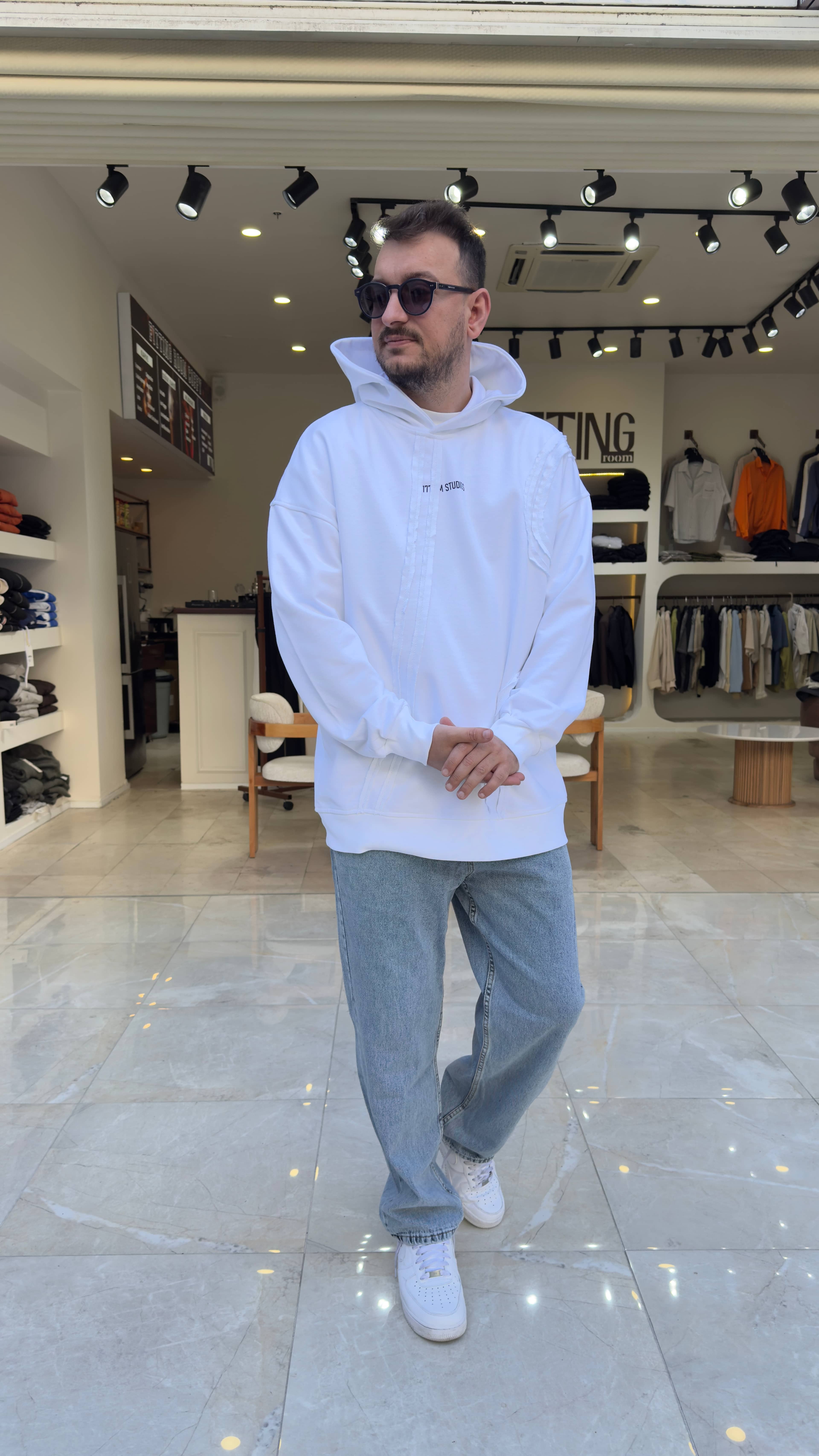 Asimetrik Detaylı Baskılı Long Kalıp Hoodie