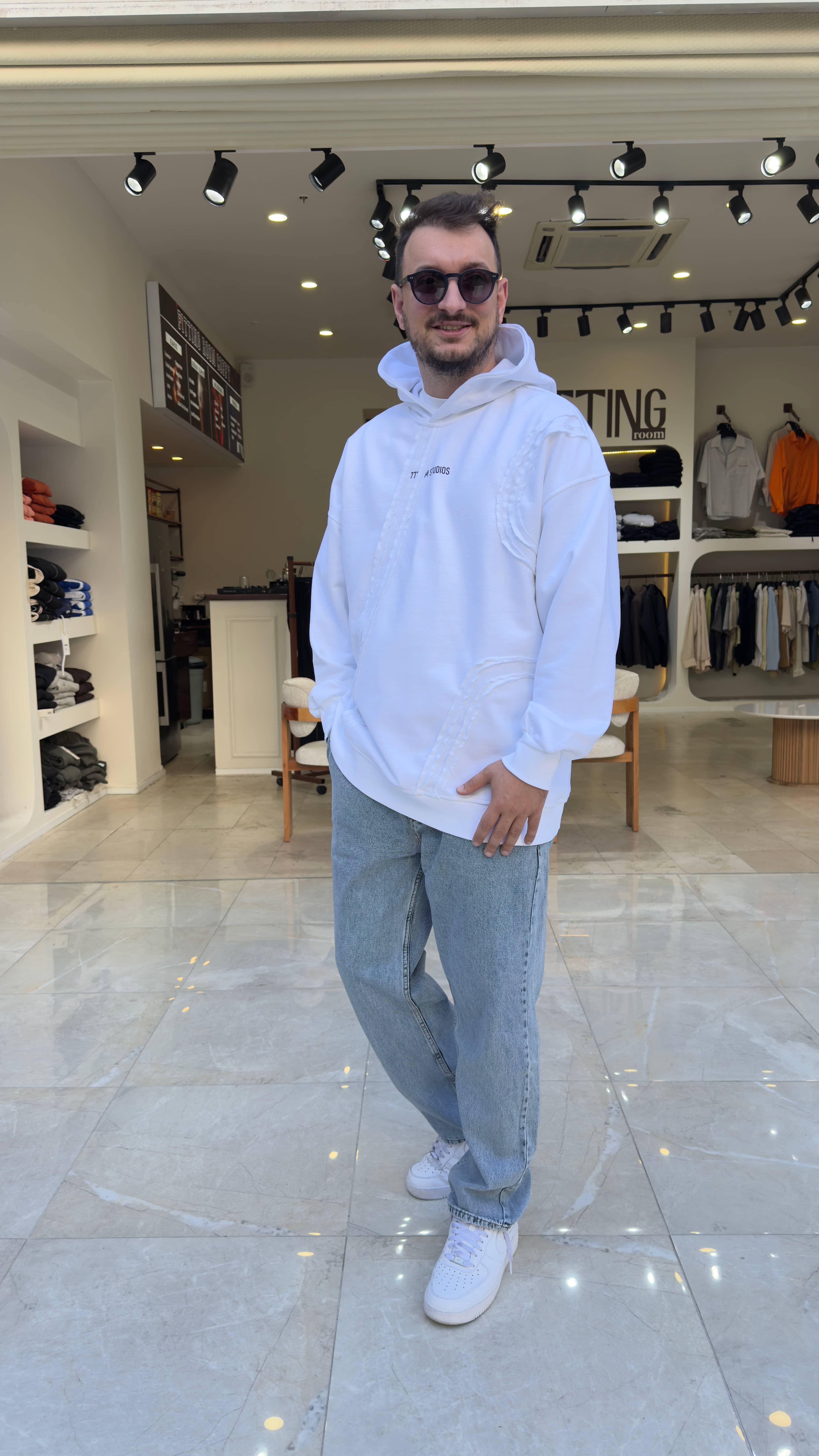 Asimetrik Detaylı Baskılı Long Kalıp Hoodie