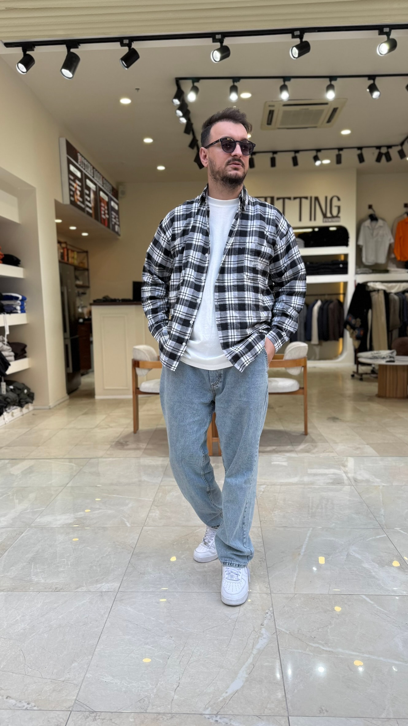 Oversize Baskılı Ekose Gömlek