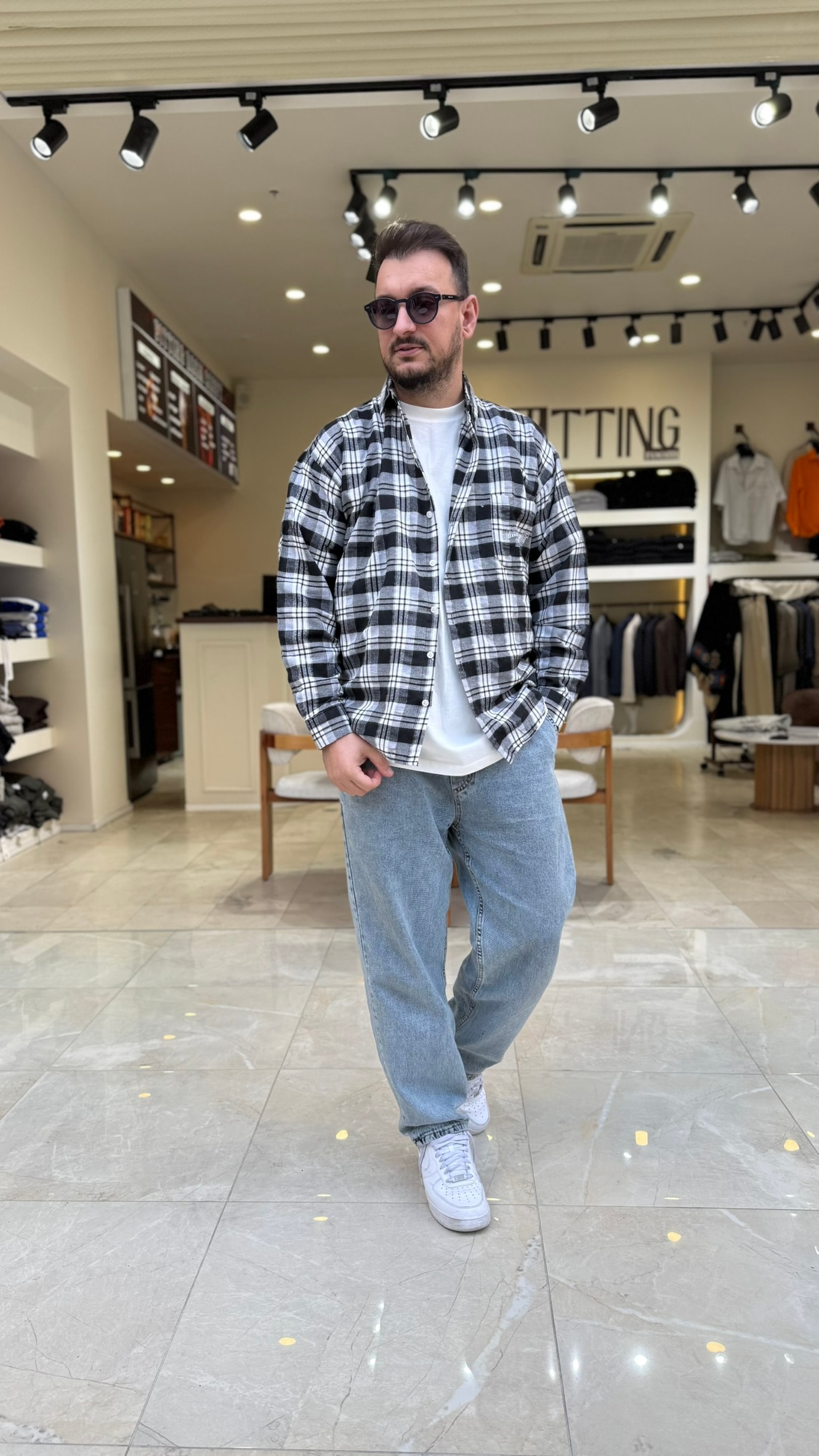 Oversize Baskılı Ekose Gömlek