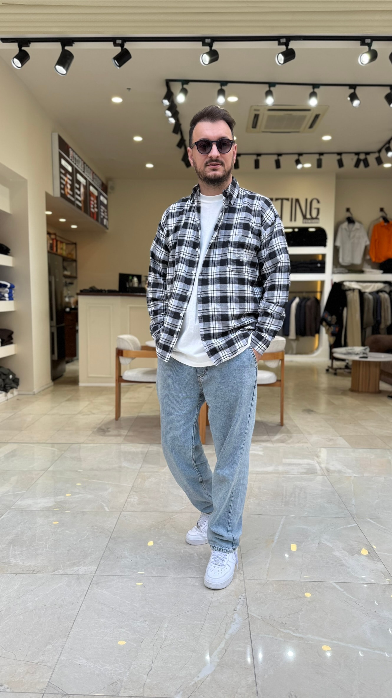 Oversize Baskılı Ekose Gömlek