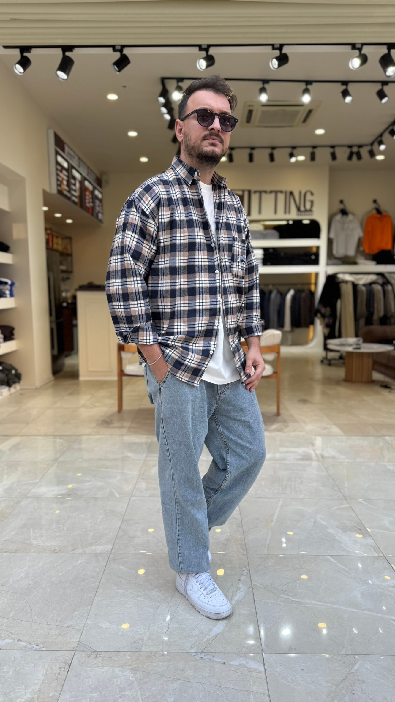 Oversize Baskılı Ekose Gömlek