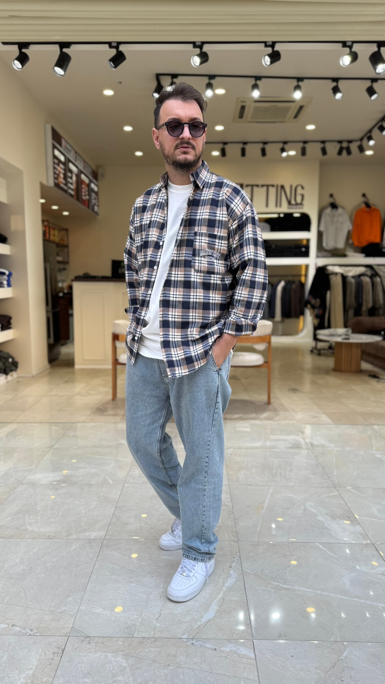 Oversize Baskılı Ekose Gömlek