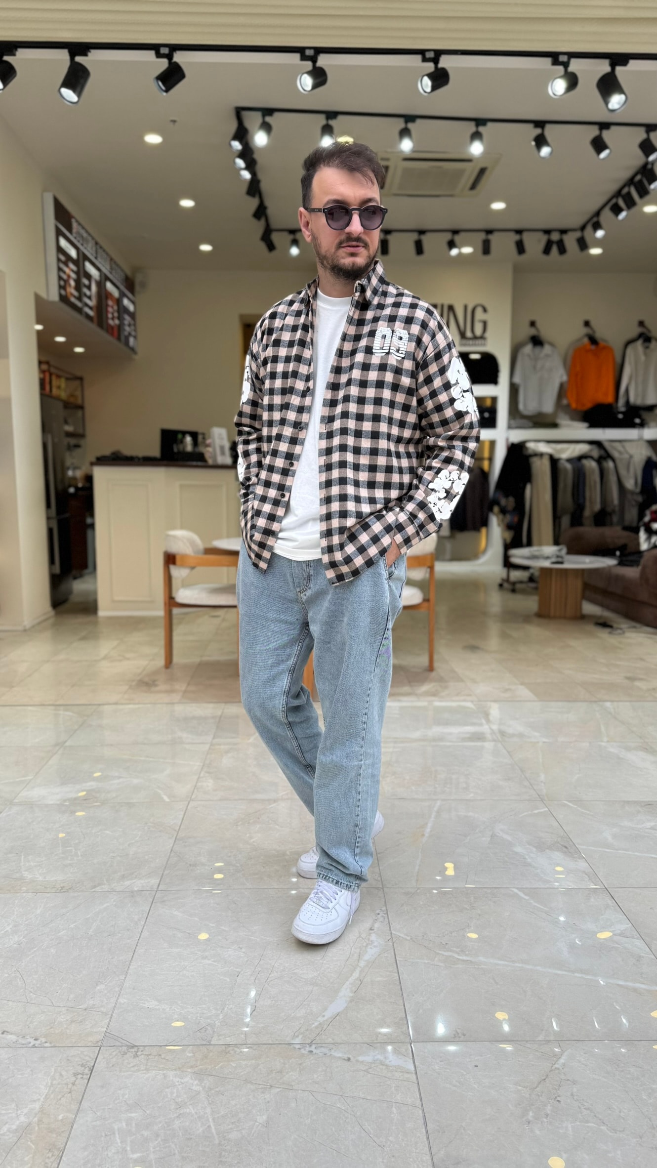Oversize Baskılı Ekose Gömlek