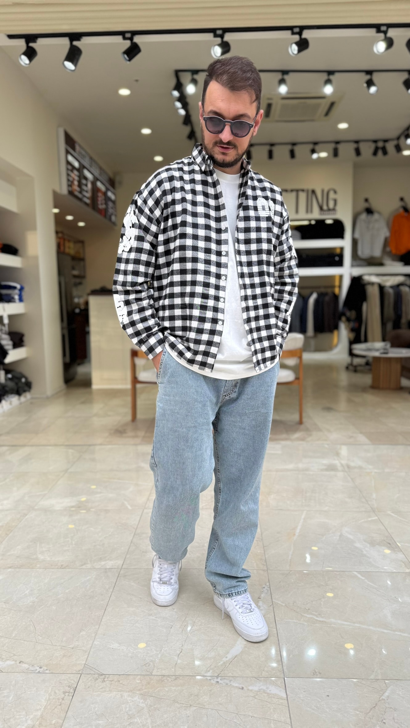 Oversize Baskılı Ekose Gömlek