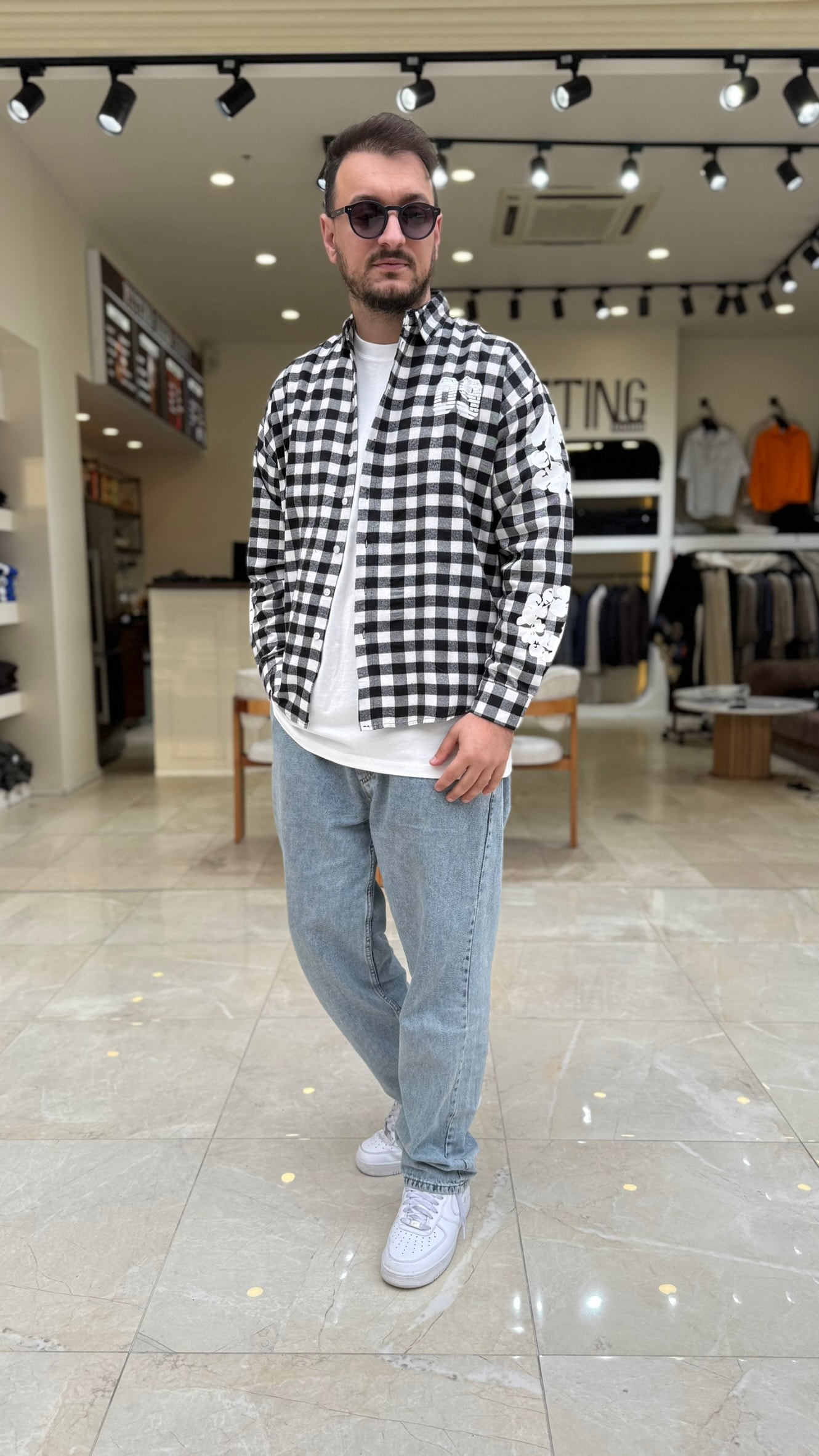 Oversize Baskılı Ekose Gömlek