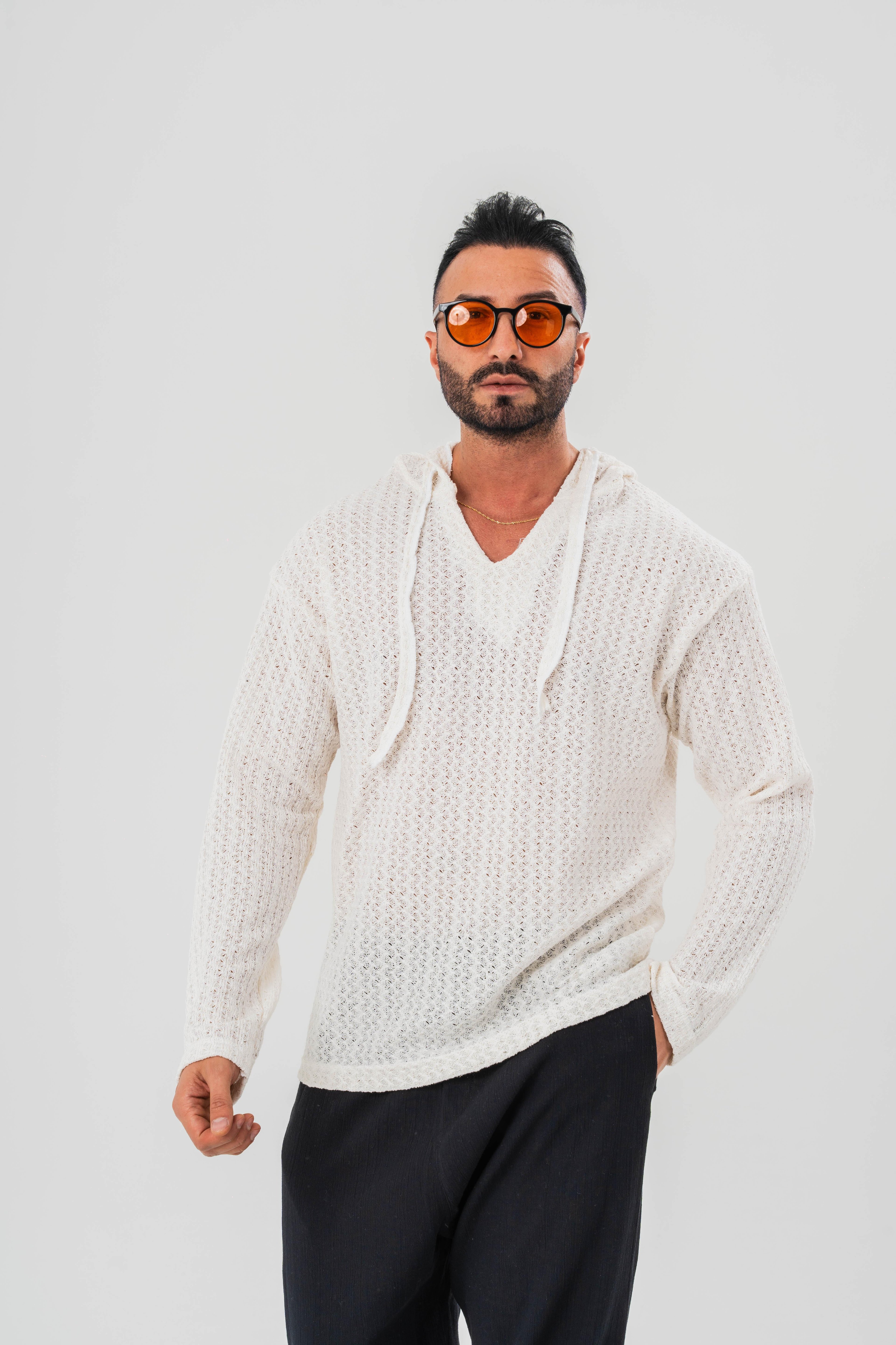 Kapşunlu Armut Yaka Uzun Kol Örümcek Desen Örme Sweat