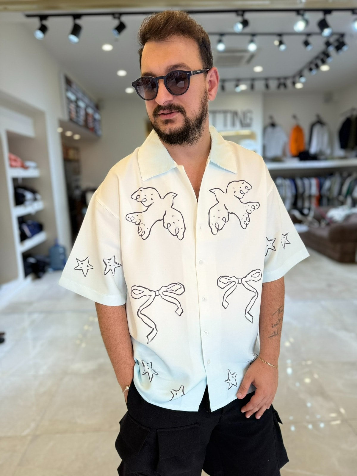 Oversize Kuş Desenli Gömlek