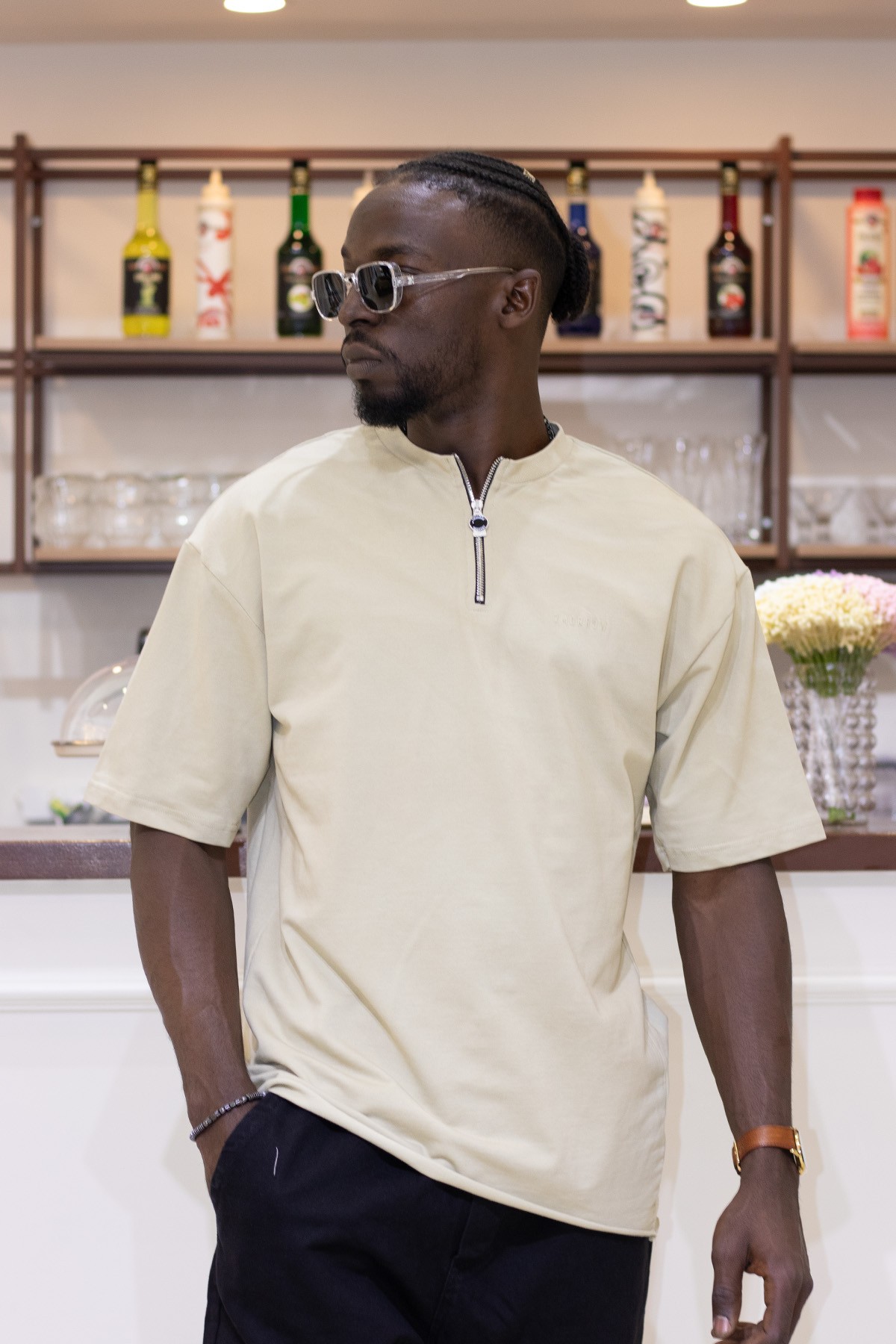 Fermuar Detaylı Bebe Yaka Oversize T-Shirt