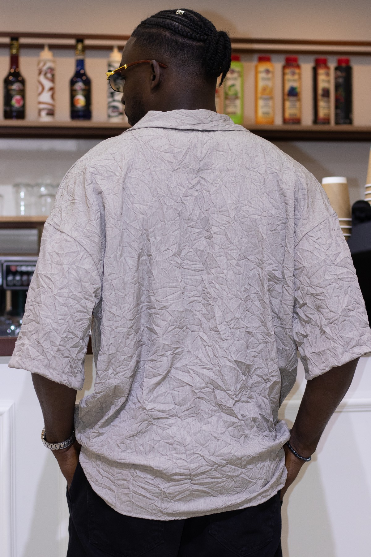 Oversize Kırış Desen Kısa Kollu Gömlek