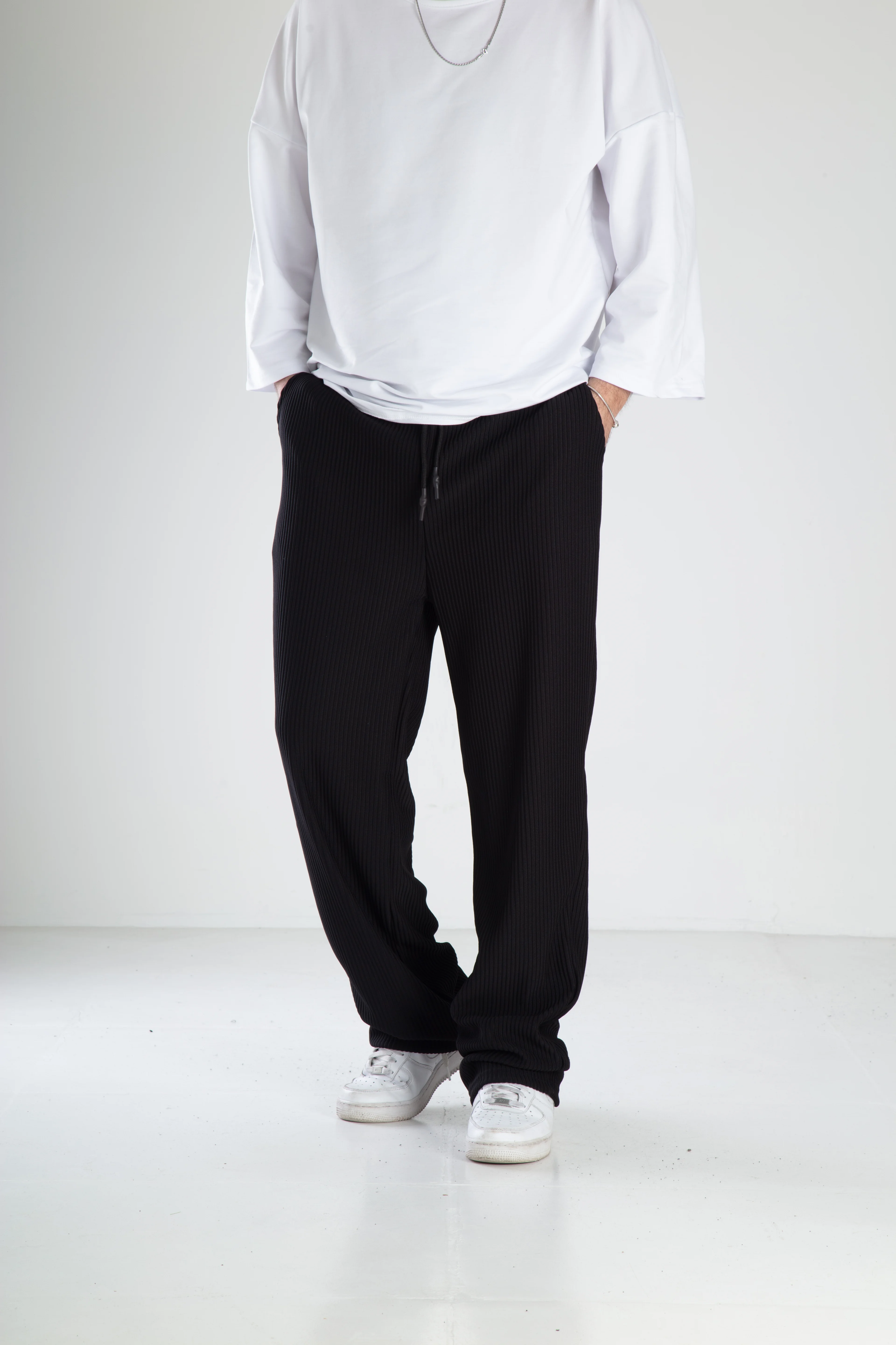 Fitilli Kumaş Baggy Eşofman - siyah