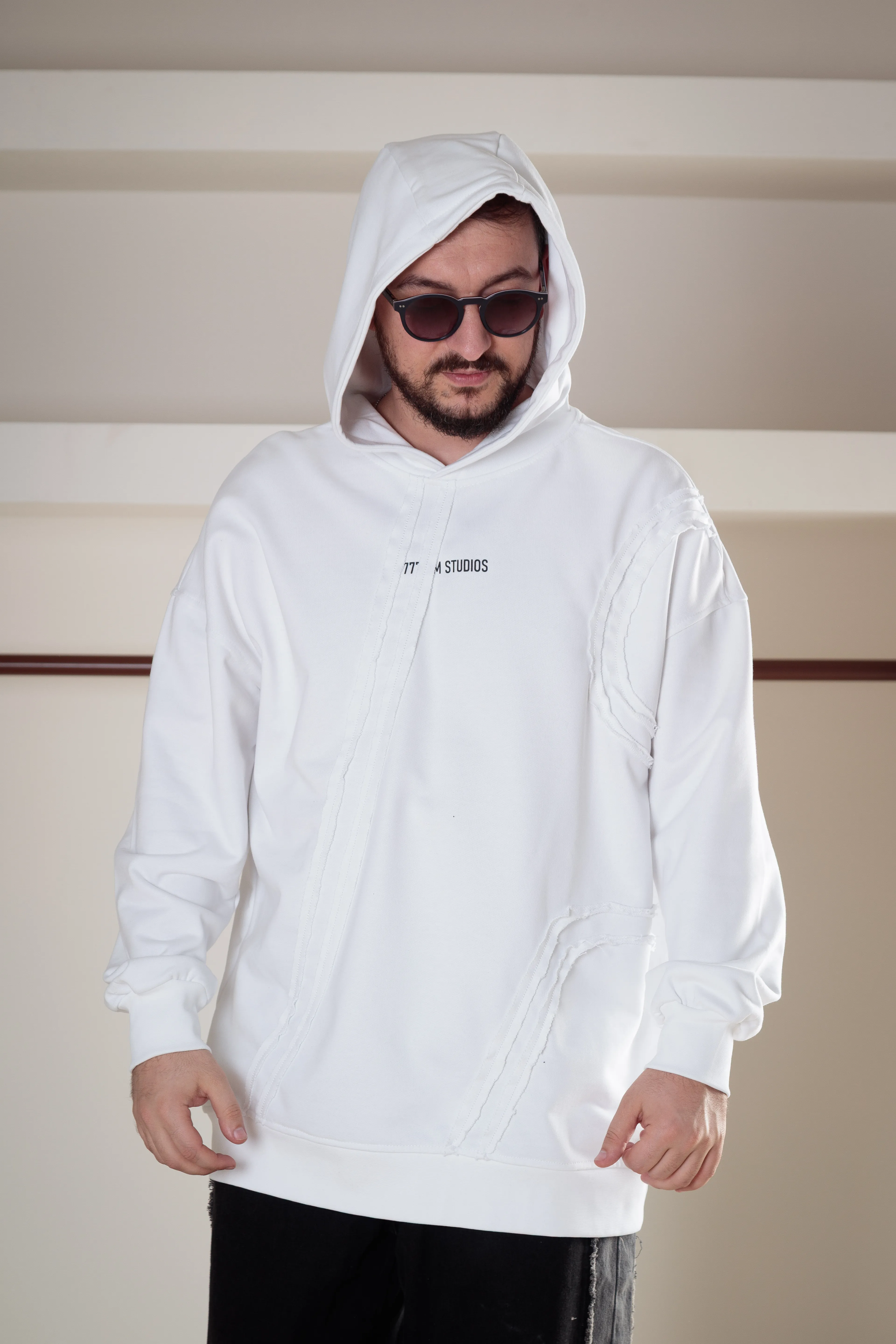 Asimetrik Detaylı Baskılı Long Kalıp Hoodie