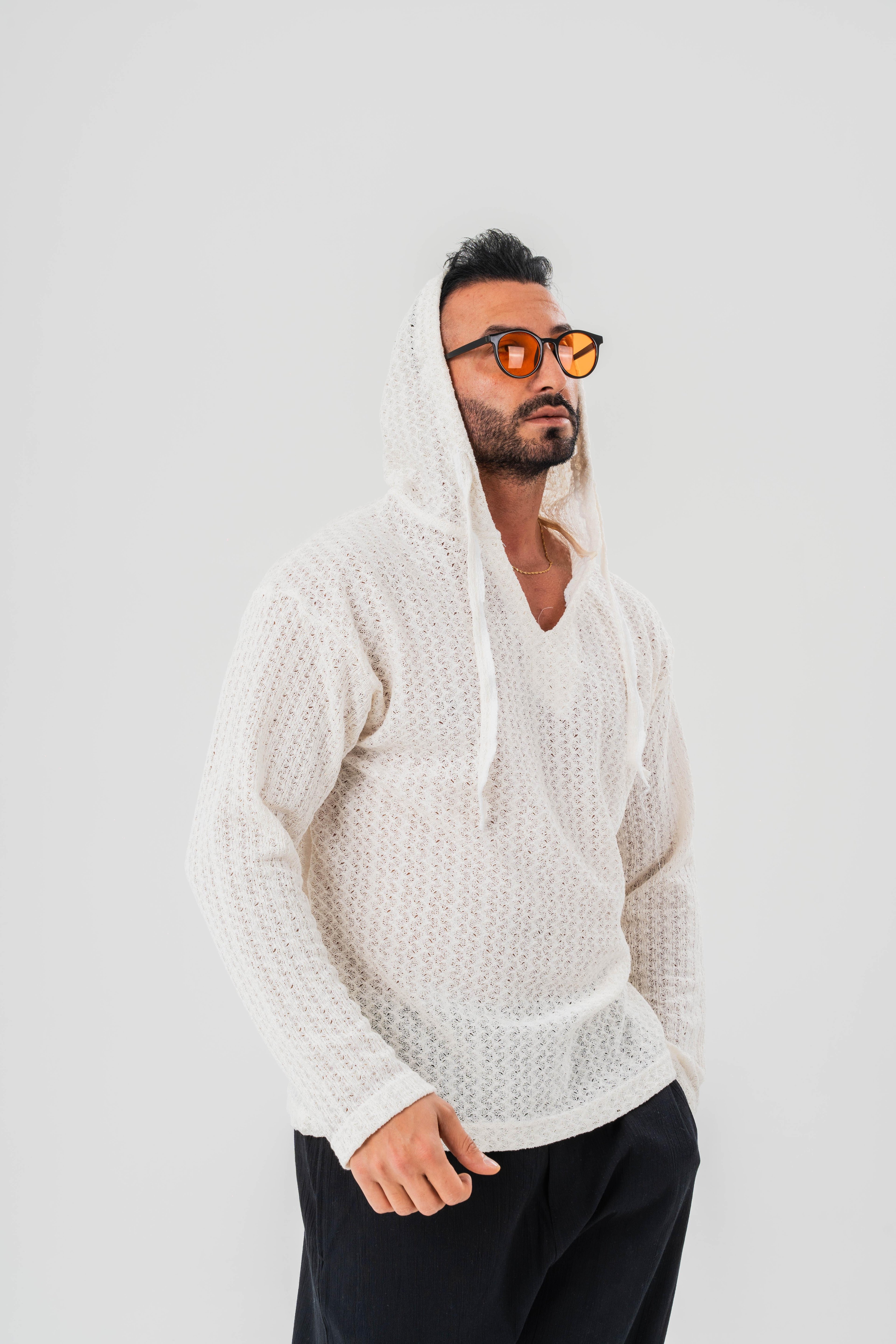 Kapşunlu Armut Yaka Uzun Kol Örümcek Desen Örme Sweat