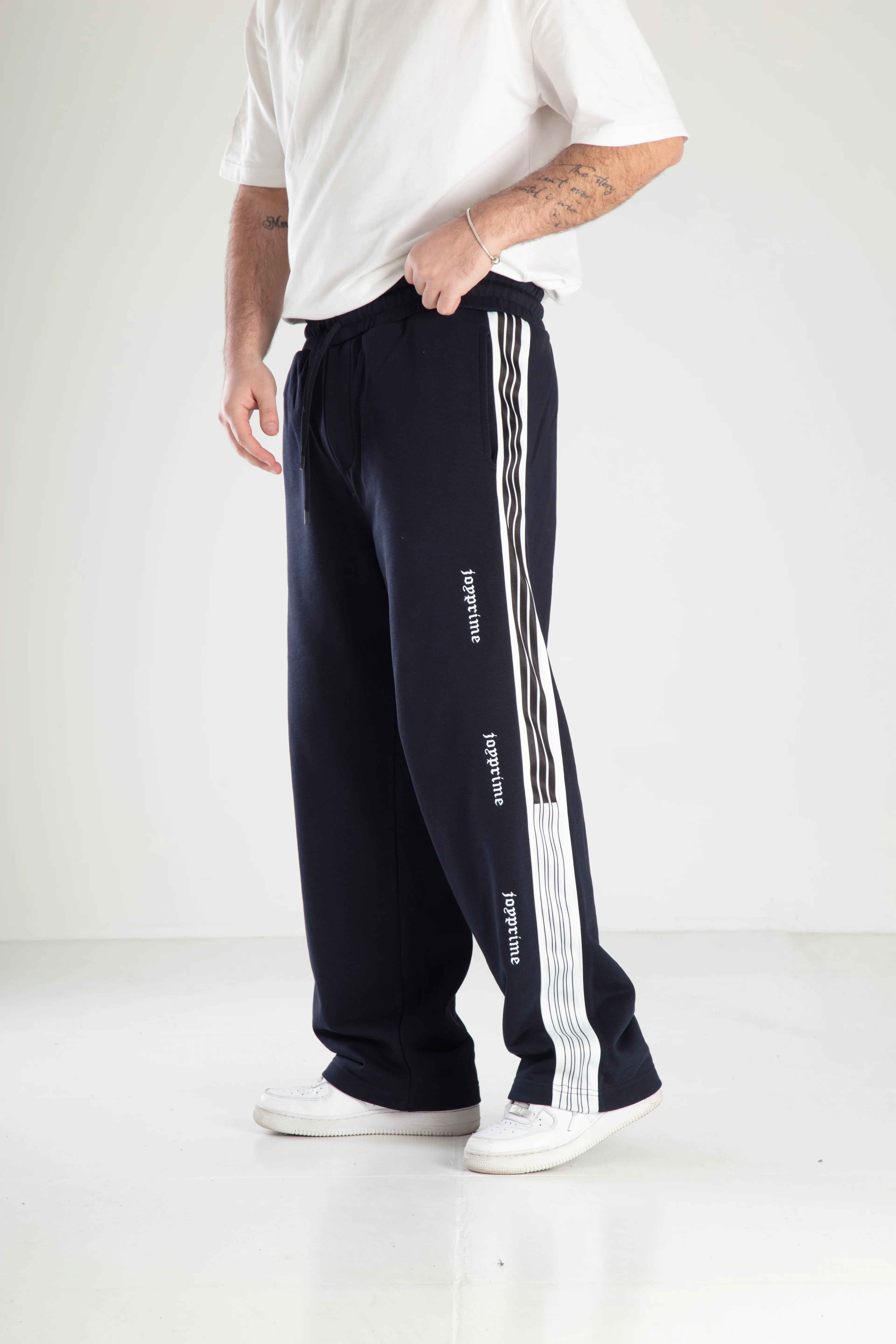 Erkek Şerit Detaylı Nakışlı Baggy Eşofman - lacivert