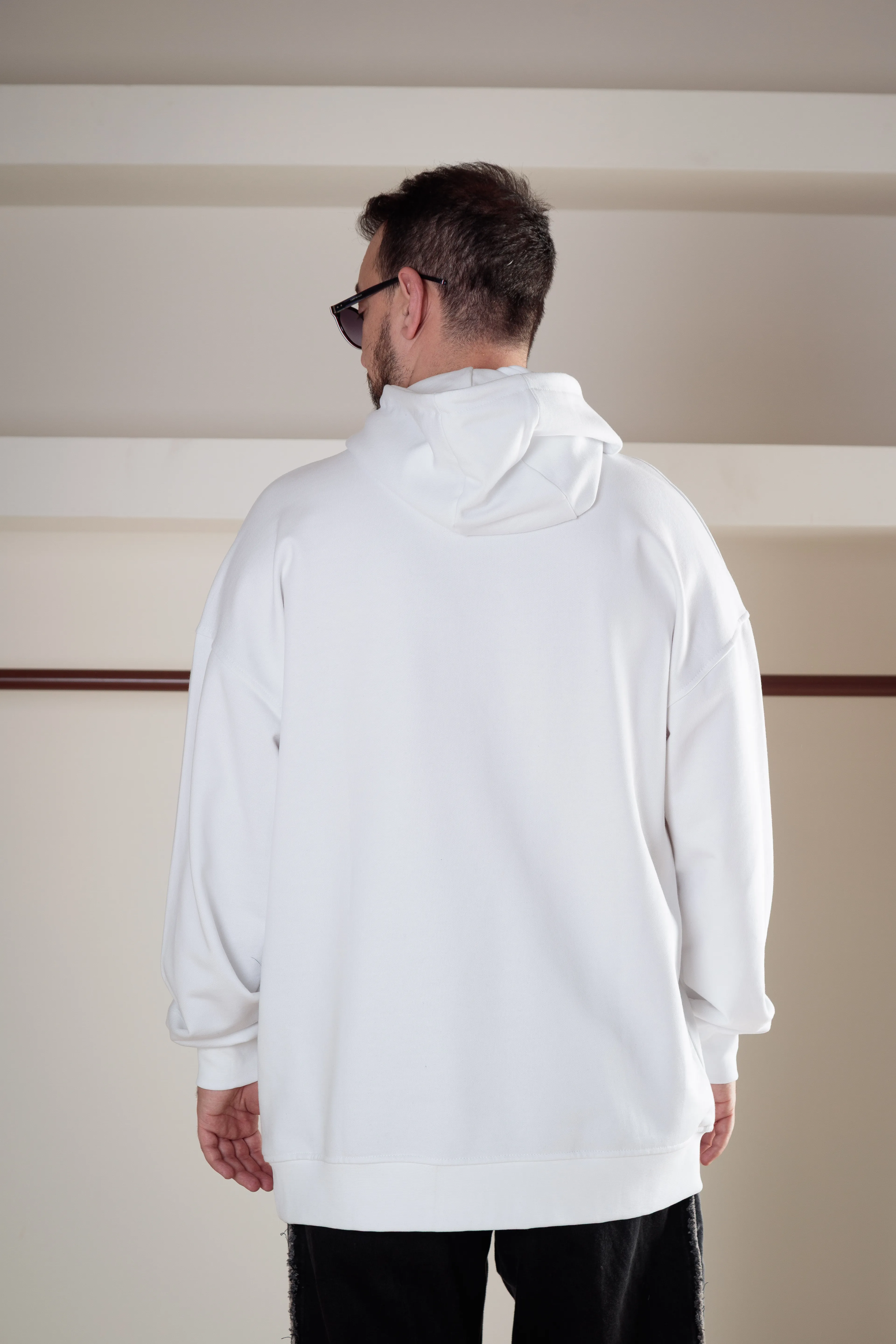 Asimetrik Detaylı Baskılı Long Kalıp Hoodie