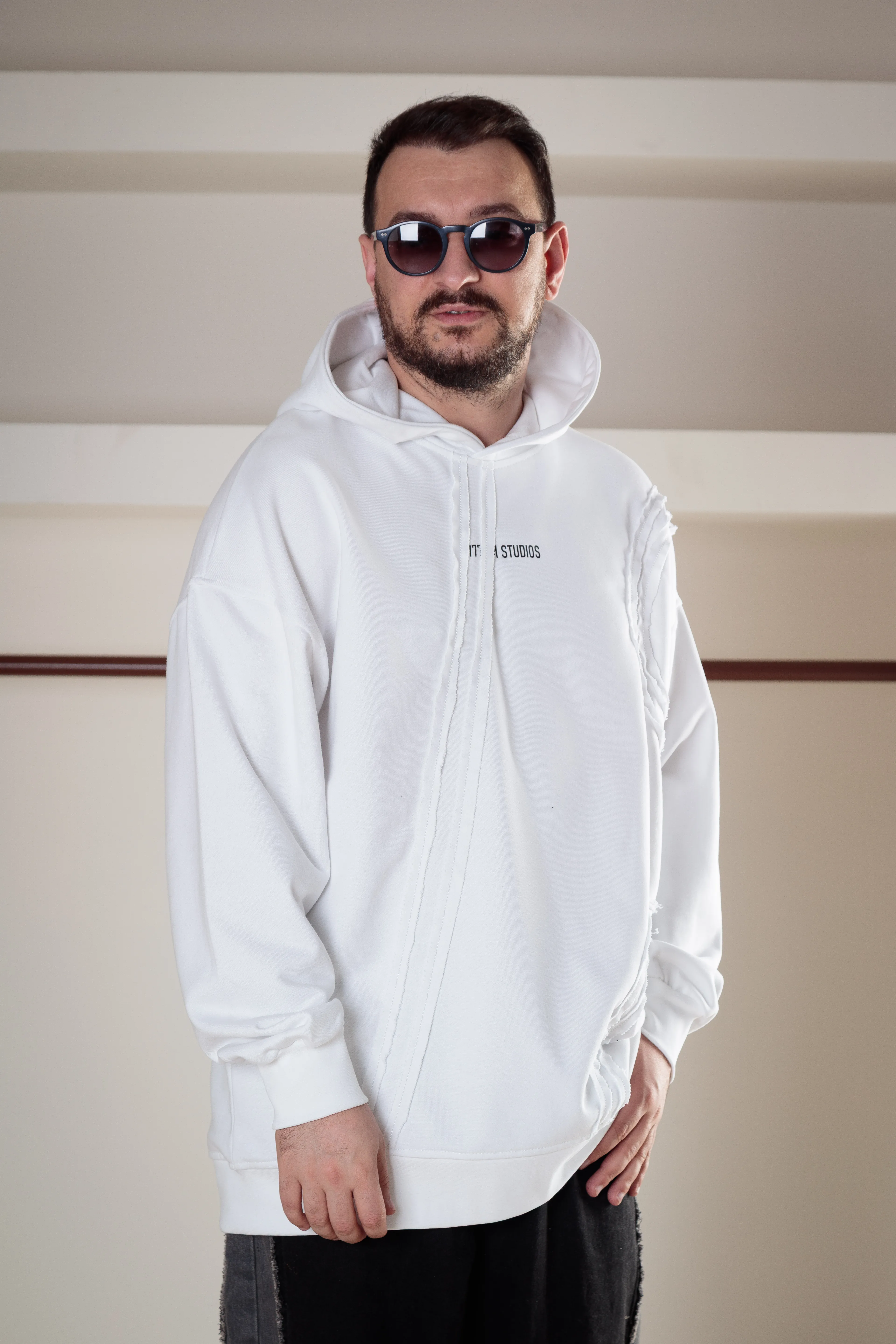Asimetrik Detaylı Baskılı Long Kalıp Hoodie
