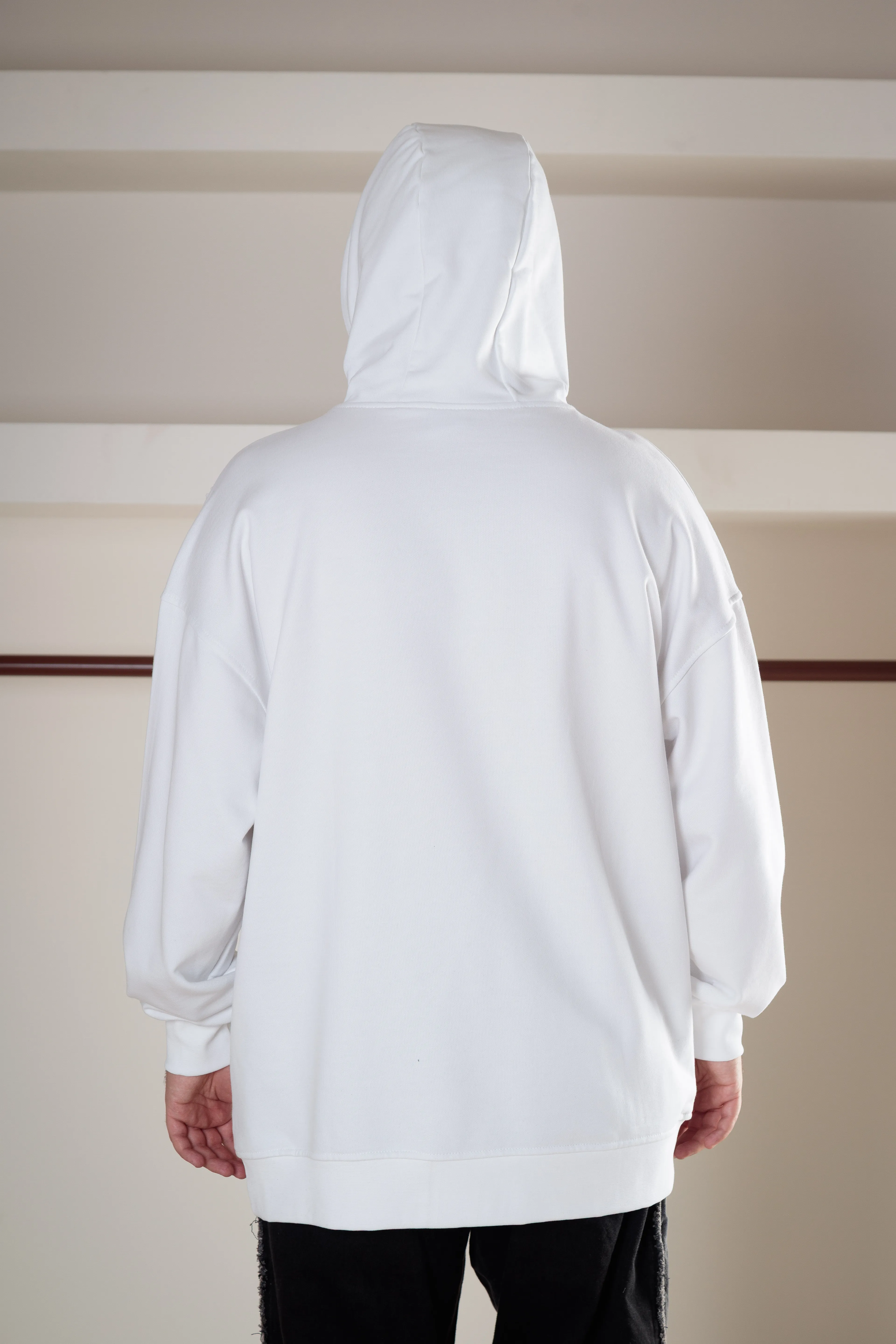 Asimetrik Detaylı Baskılı Long Kalıp Hoodie