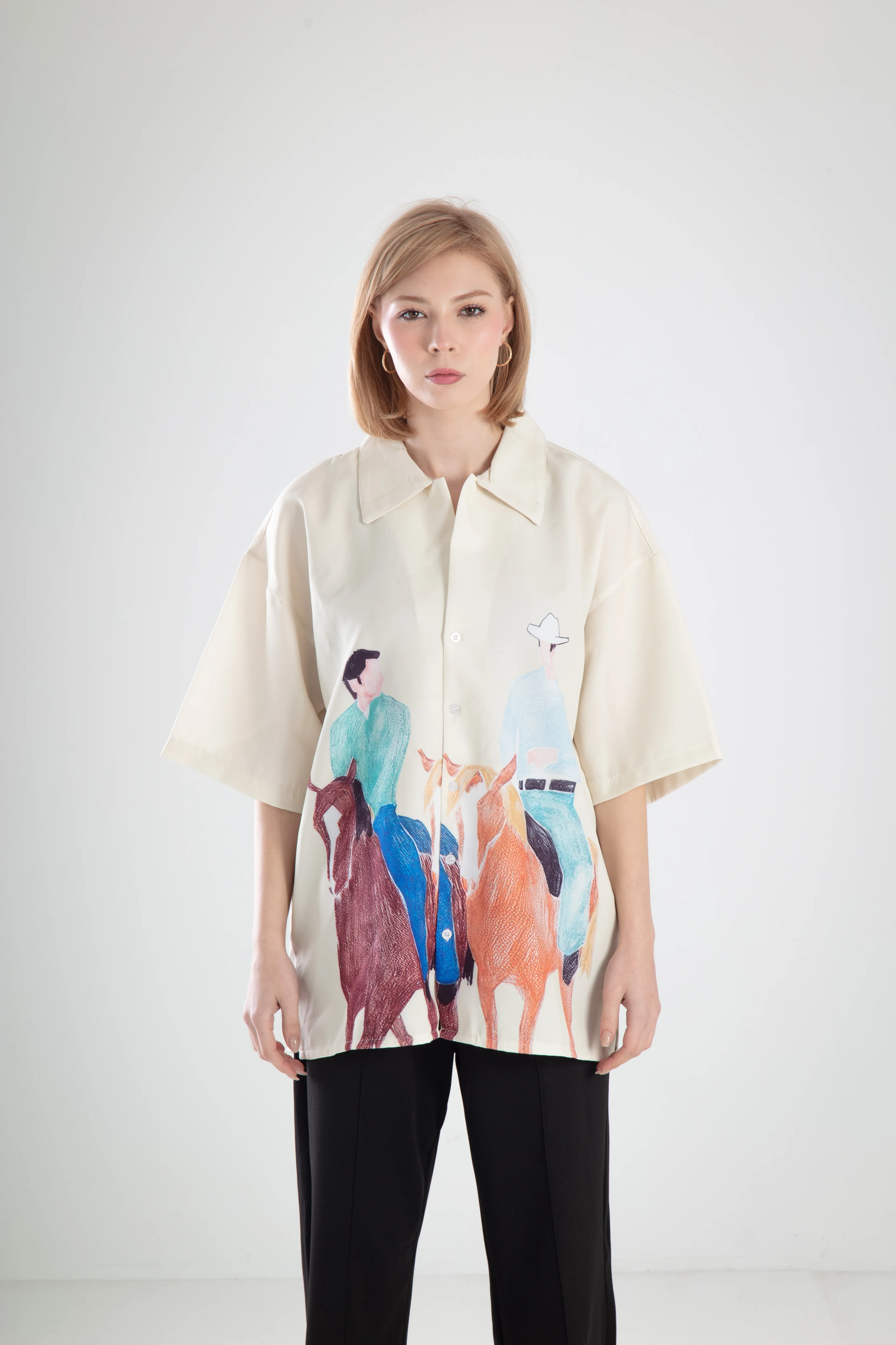 Kadın Oversize Kovboy Baskılı Gömlek 