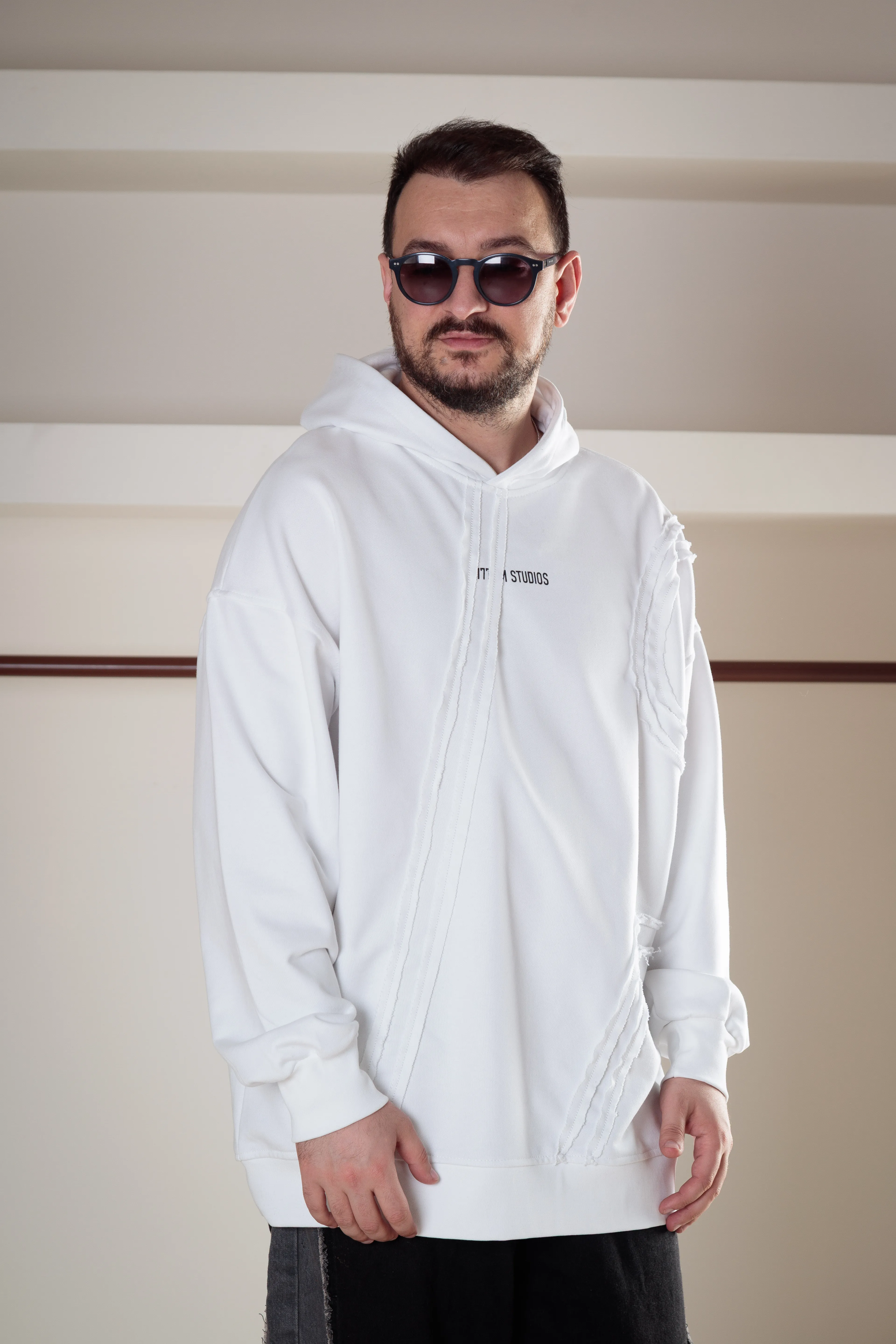 Asimetrik Detaylı Baskılı Long Kalıp Hoodie