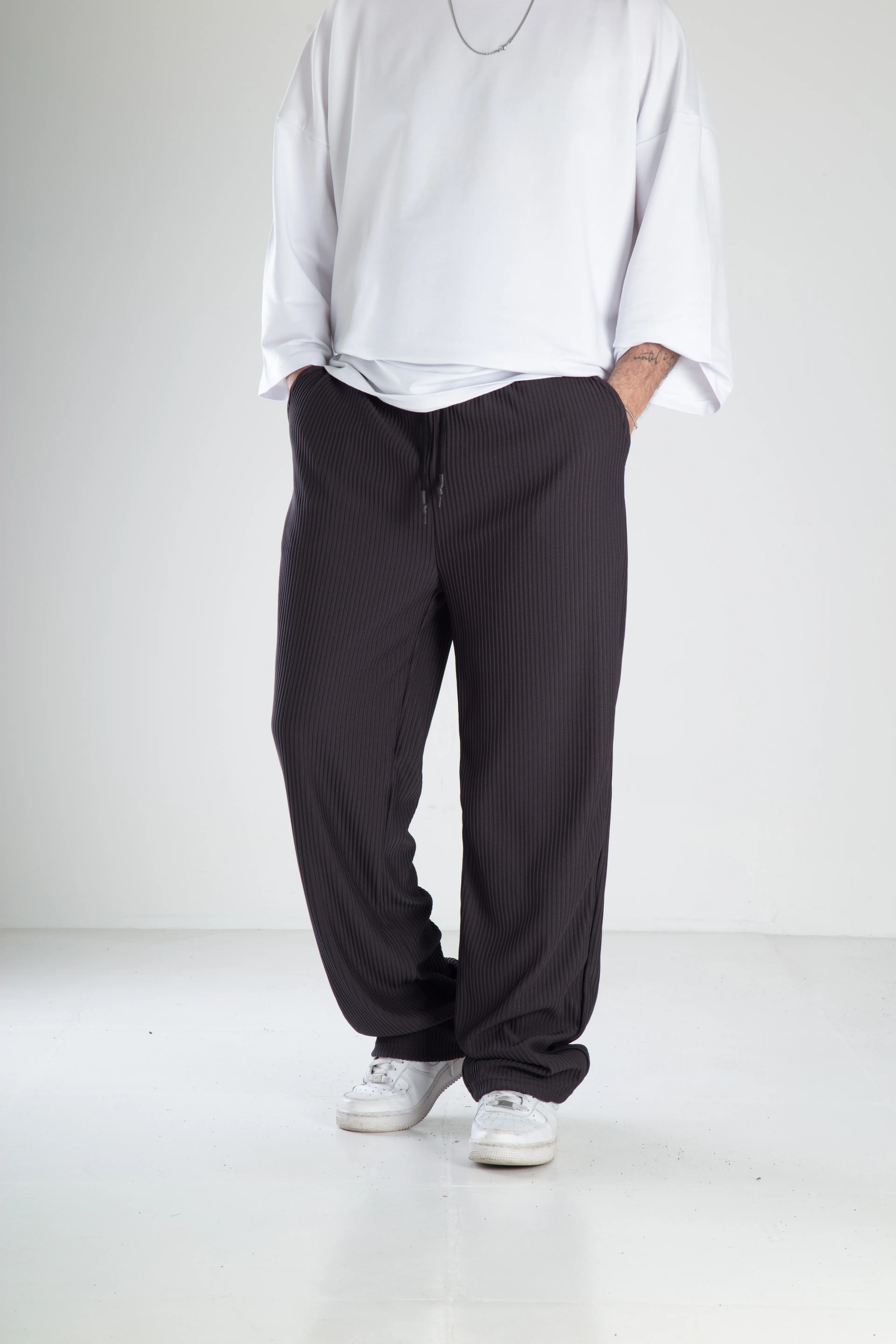 Fitilli Kumaş Baggy Eşofman - füme