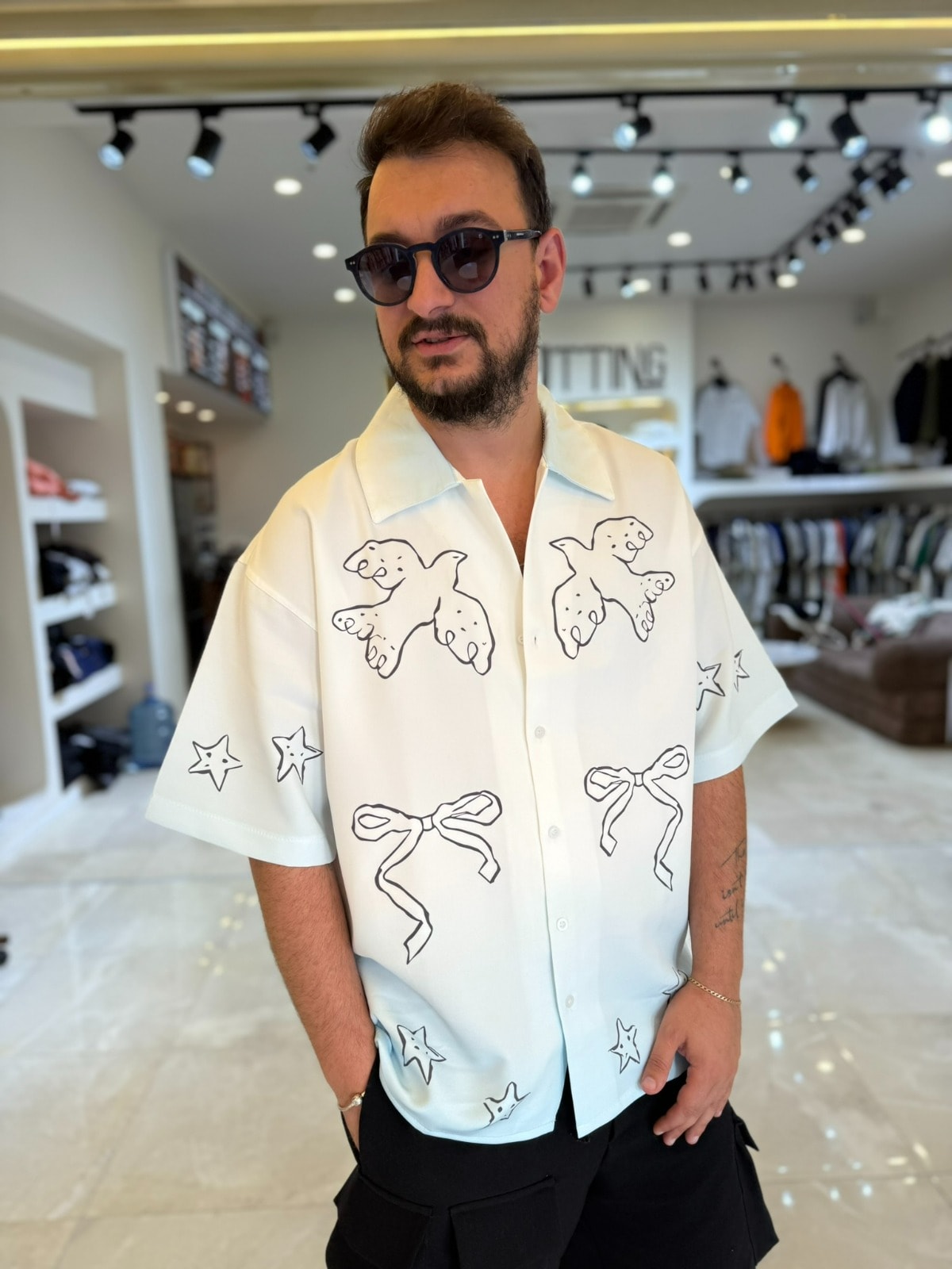 Oversize Kuş Desenli Gömlek