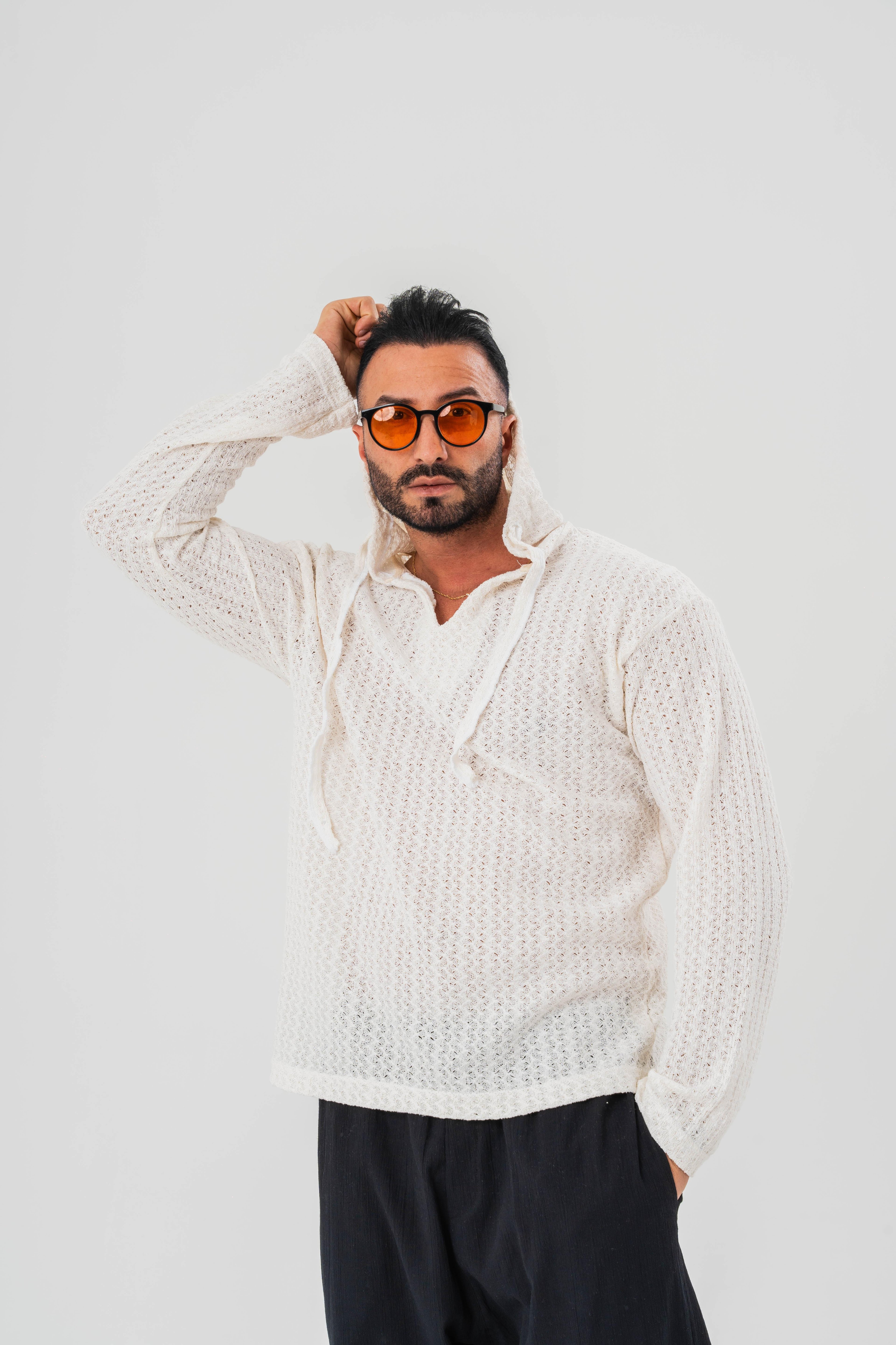 Kapşunlu Armut Yaka Uzun Kol Örümcek Desen Örme Sweat
