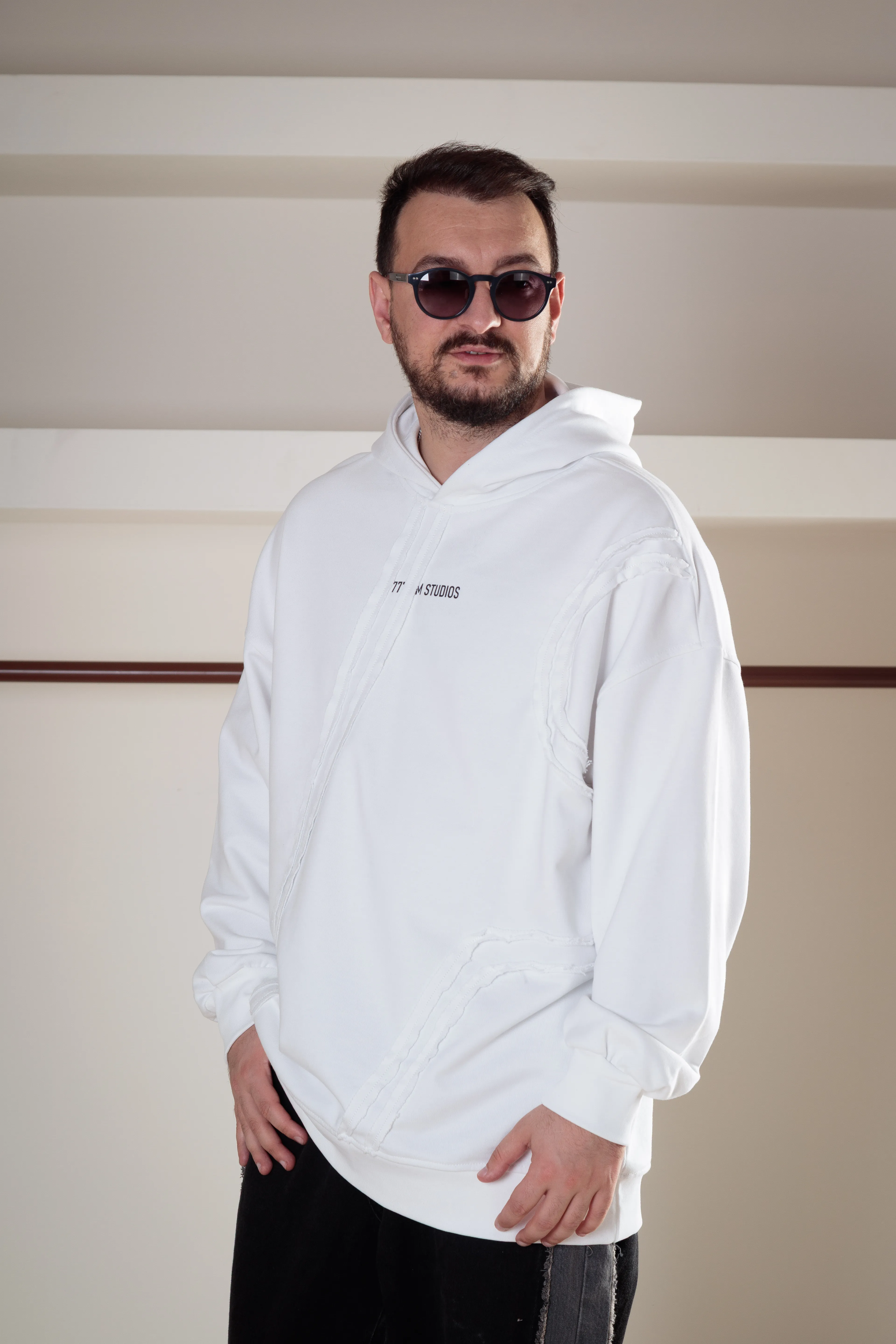Asimetrik Detaylı Baskılı Long Kalıp Hoodie
