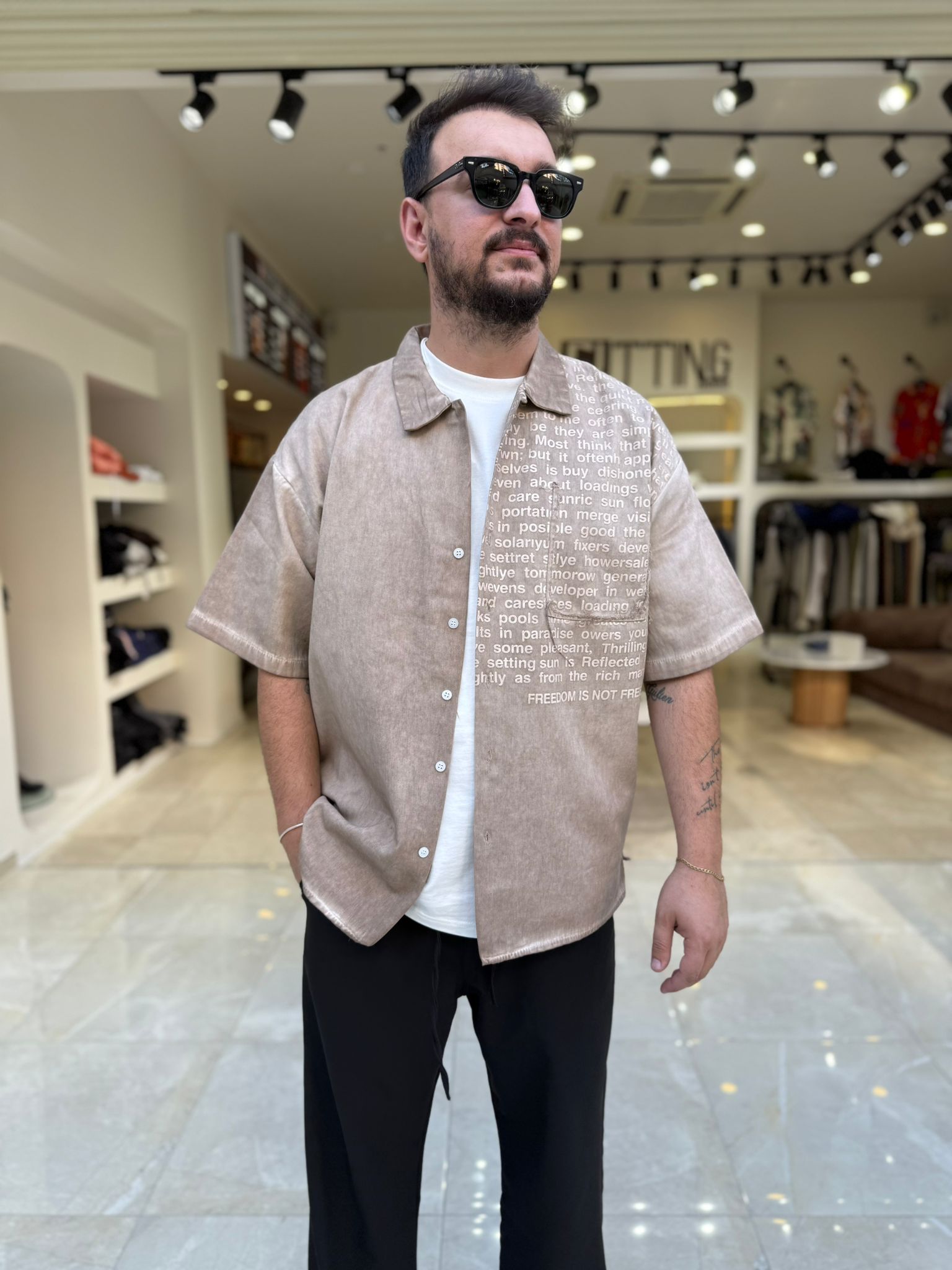 Oversize Boya Yıkama Reflected Baskılı Gömlek