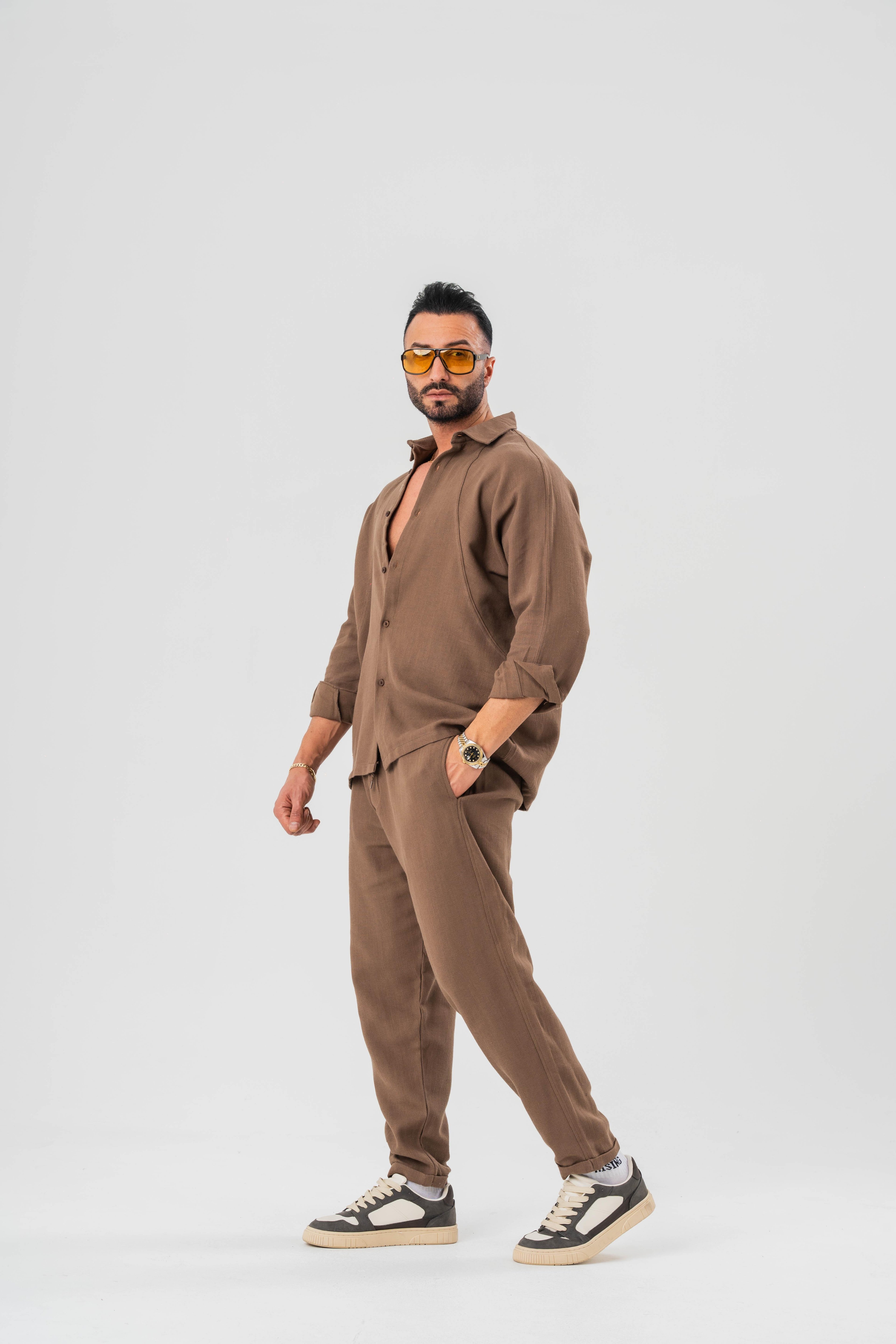 Dikiş Detaylı Uzun Kol Gömlek Pantolon Takım