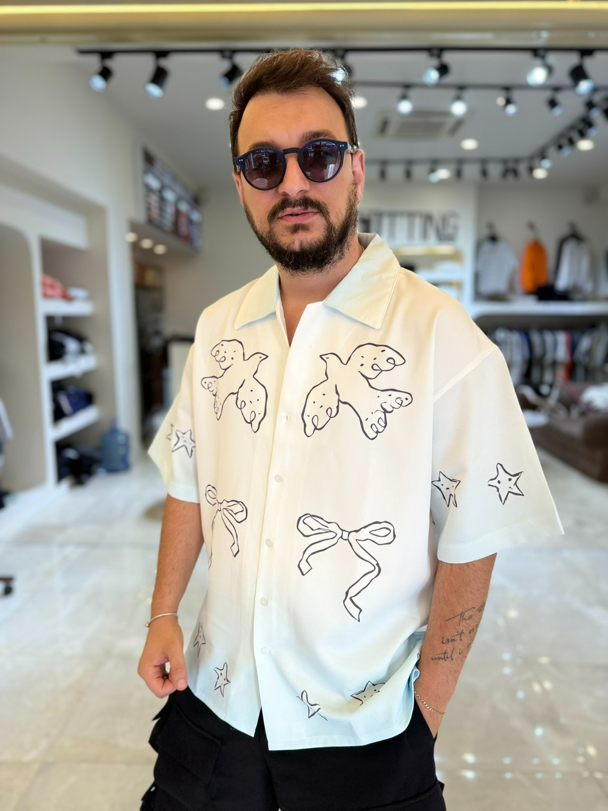 Oversize Kuş Desenli Gömlek