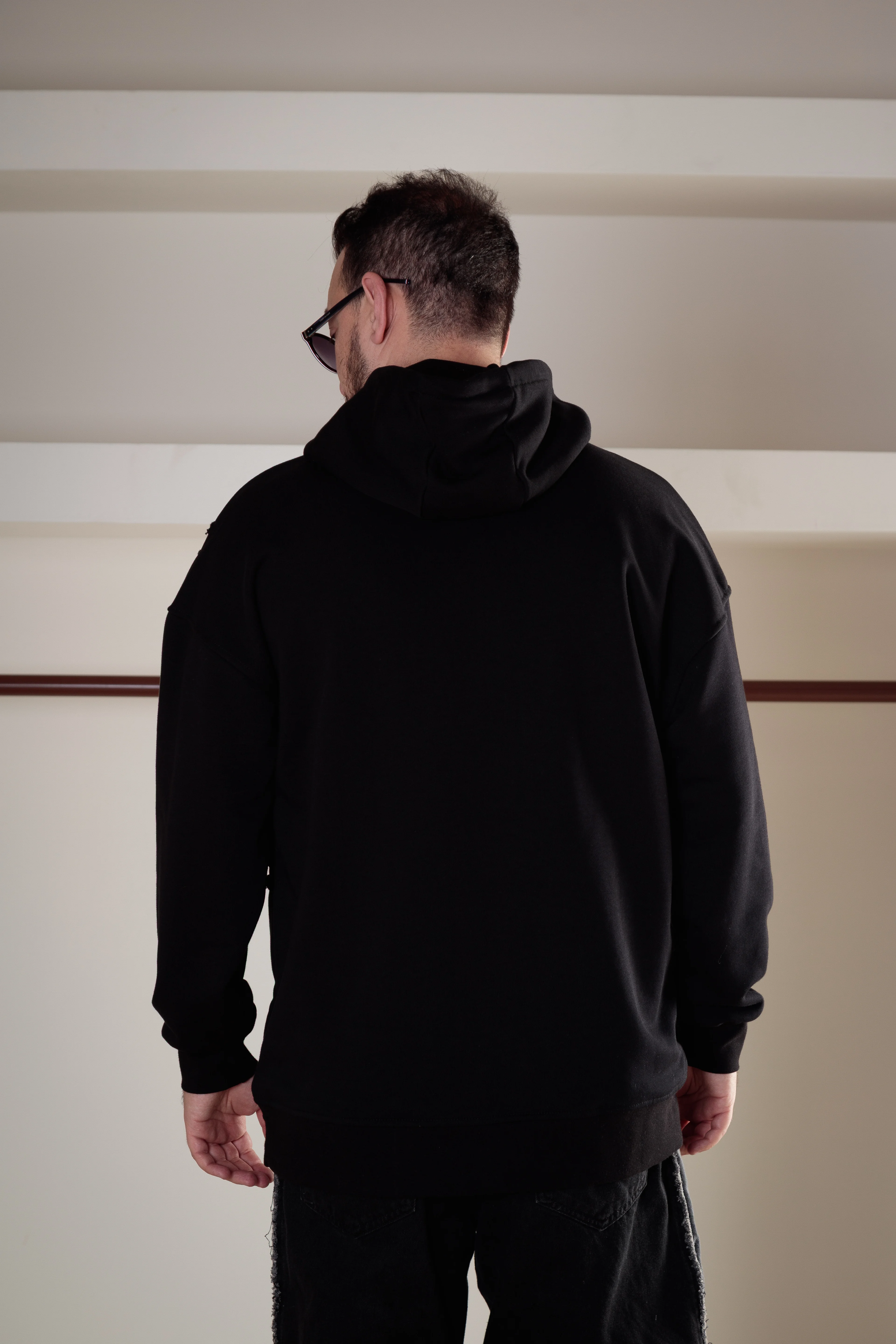 Asimetrik Detaylı Baskılı Long Kalıp Hoodie