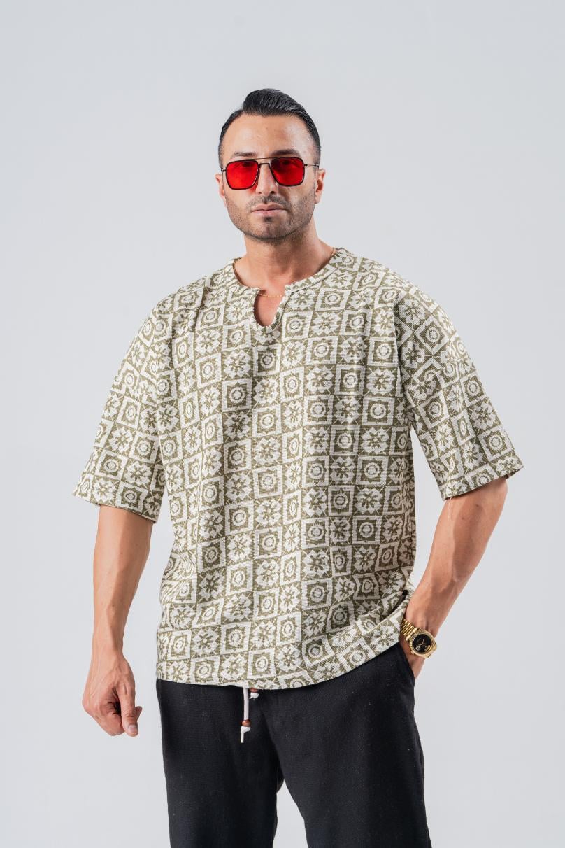 Armut Yaka Desenli Keten Tshirt