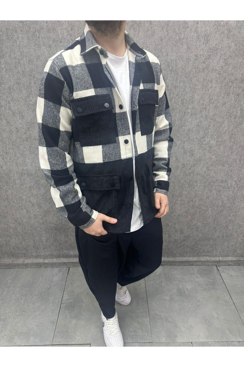 Oversize Bohem Pamuk Oduncu Ekoseli Dört Cep Ceket