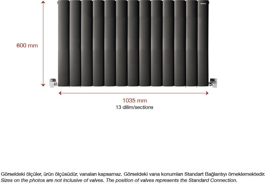 600 x 1035 mm Lilac Yatay Antrasit Alüminyum Radyatör Standart Bağlantı